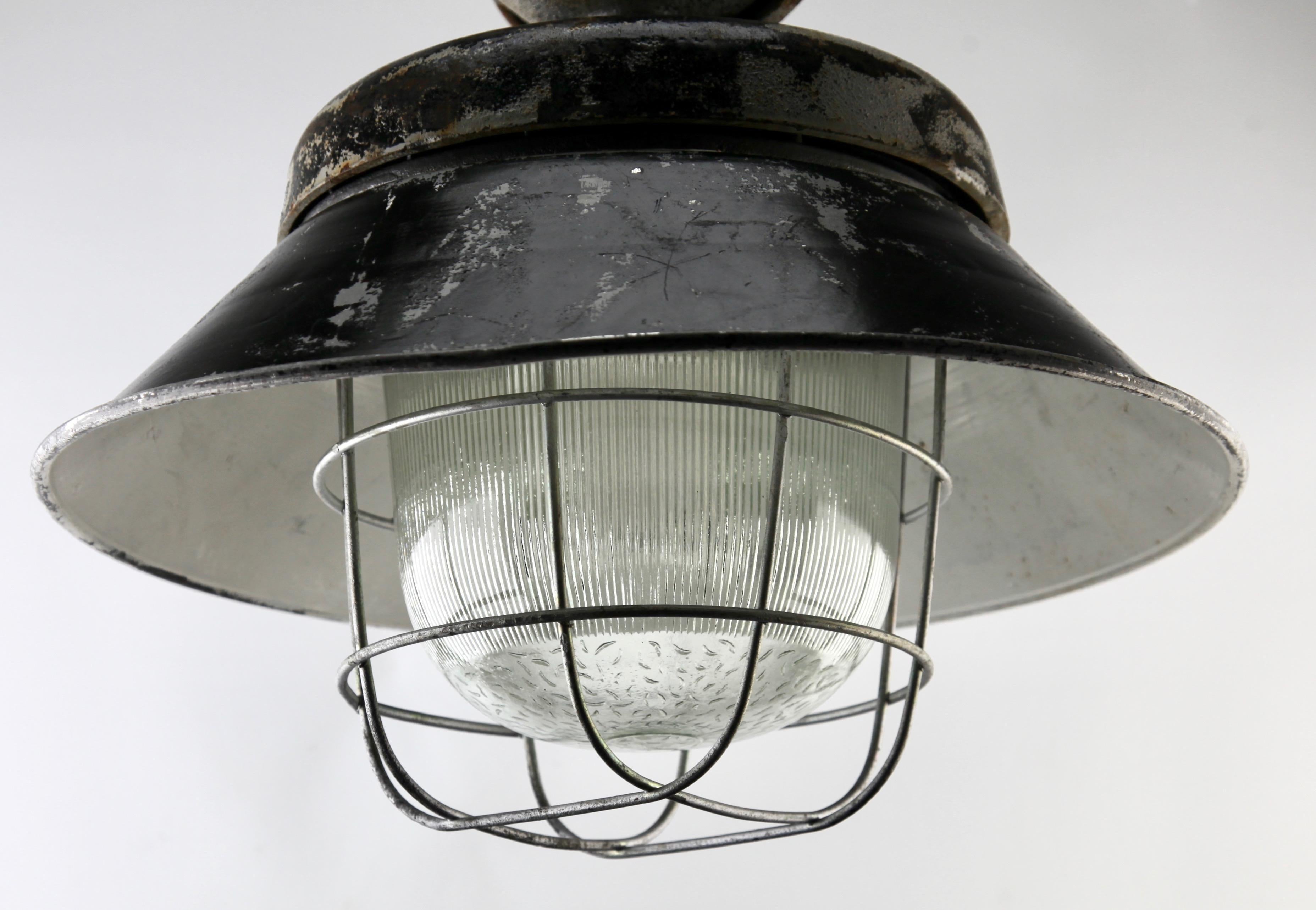 Cast Iron Large Industrial Cage Pendant Lamp, Poland, 1940s 4