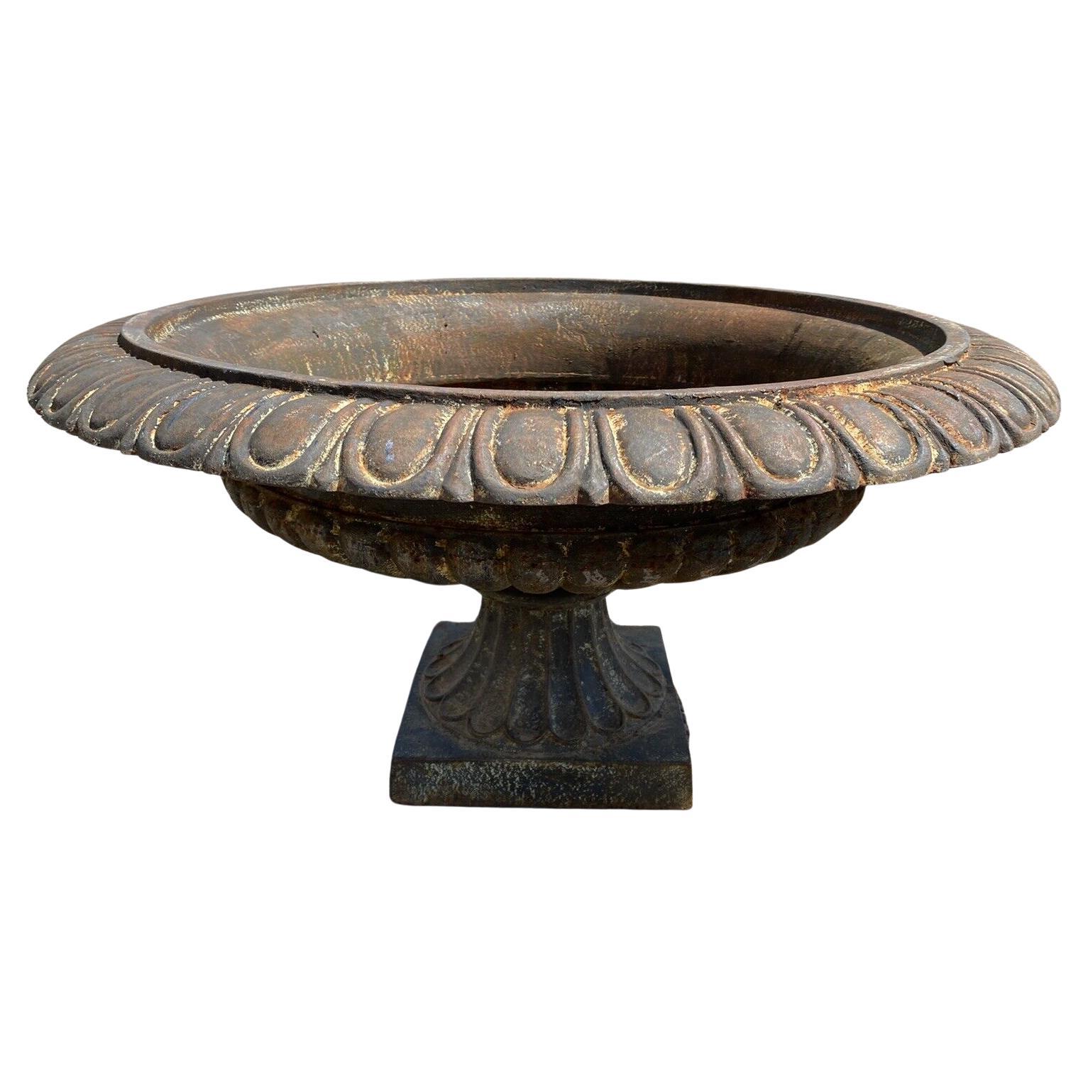 Cast Iron Low and Wide Round French Classic Style Outdoor Garden Urn Planter For Sale