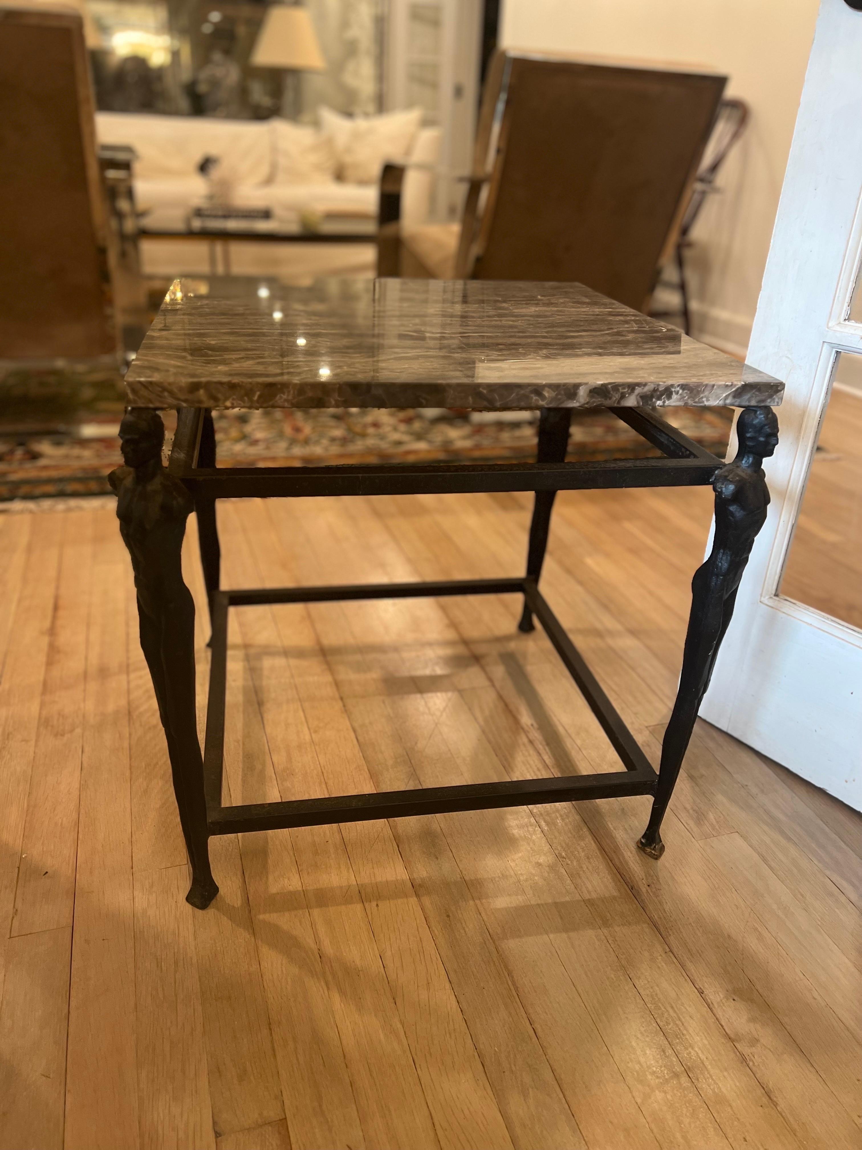 Mid-Century Modern Cast Iron Male Figurative Side Table in Manner of Giacometti - Marble Top For Sale