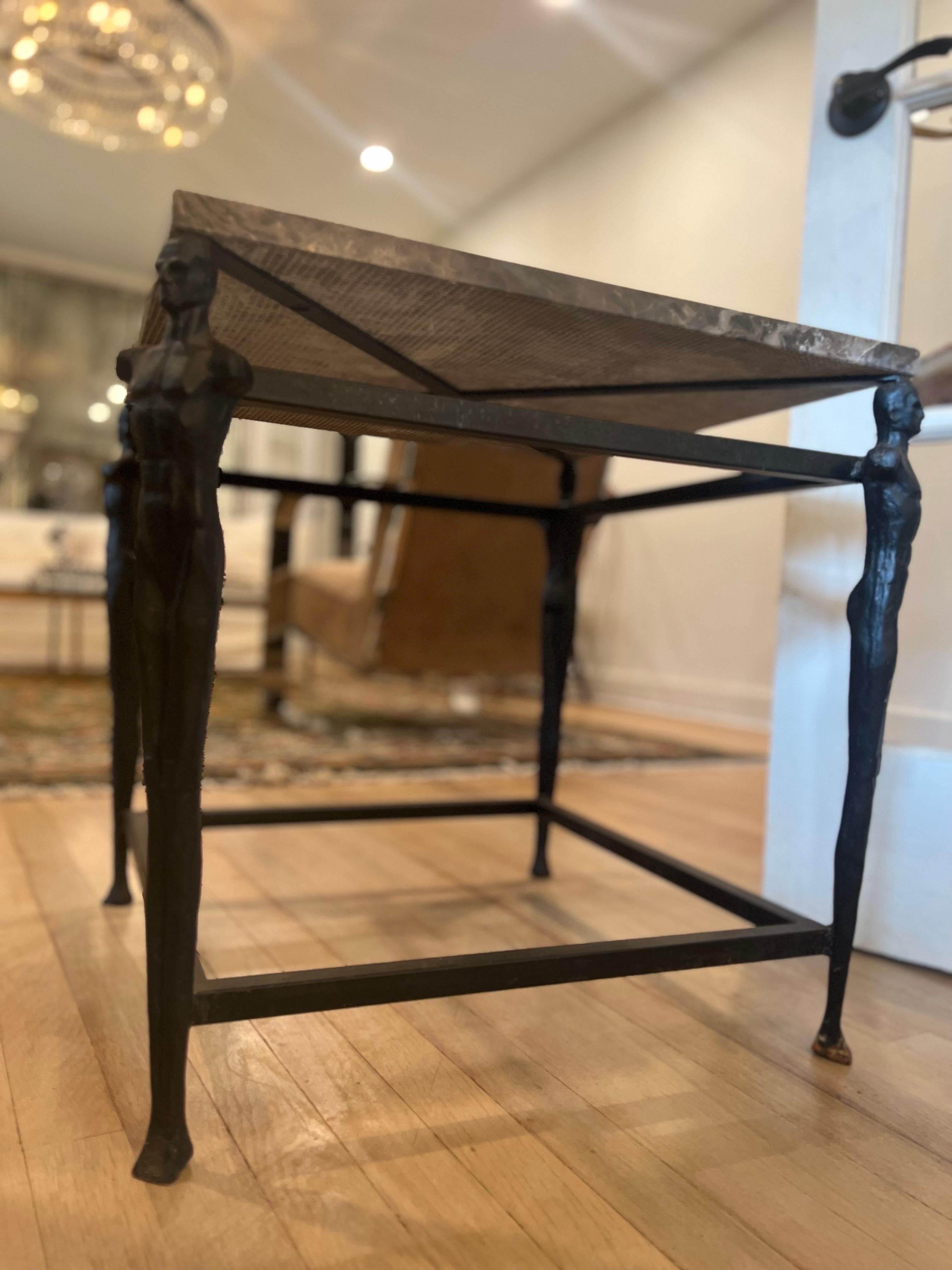 Cast Iron Male Figurative Side Table in Manner of Giacometti - Marble Top In Fair Condition For Sale In Los Angeles, CA