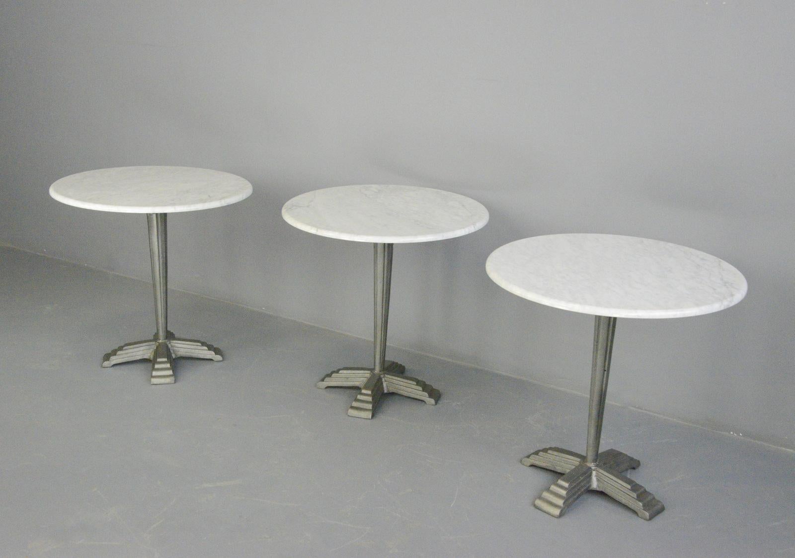 - Price is per table (7 available).
- All prices inc UK shipping.
- Solid cast iron bases.
- Stepped designed to the feet.
- Solid White Carrera marble tops.
- English ~ 1930s,
- Measures: 75 cm wide x 75 cm tall,

Condition Report

The bases have