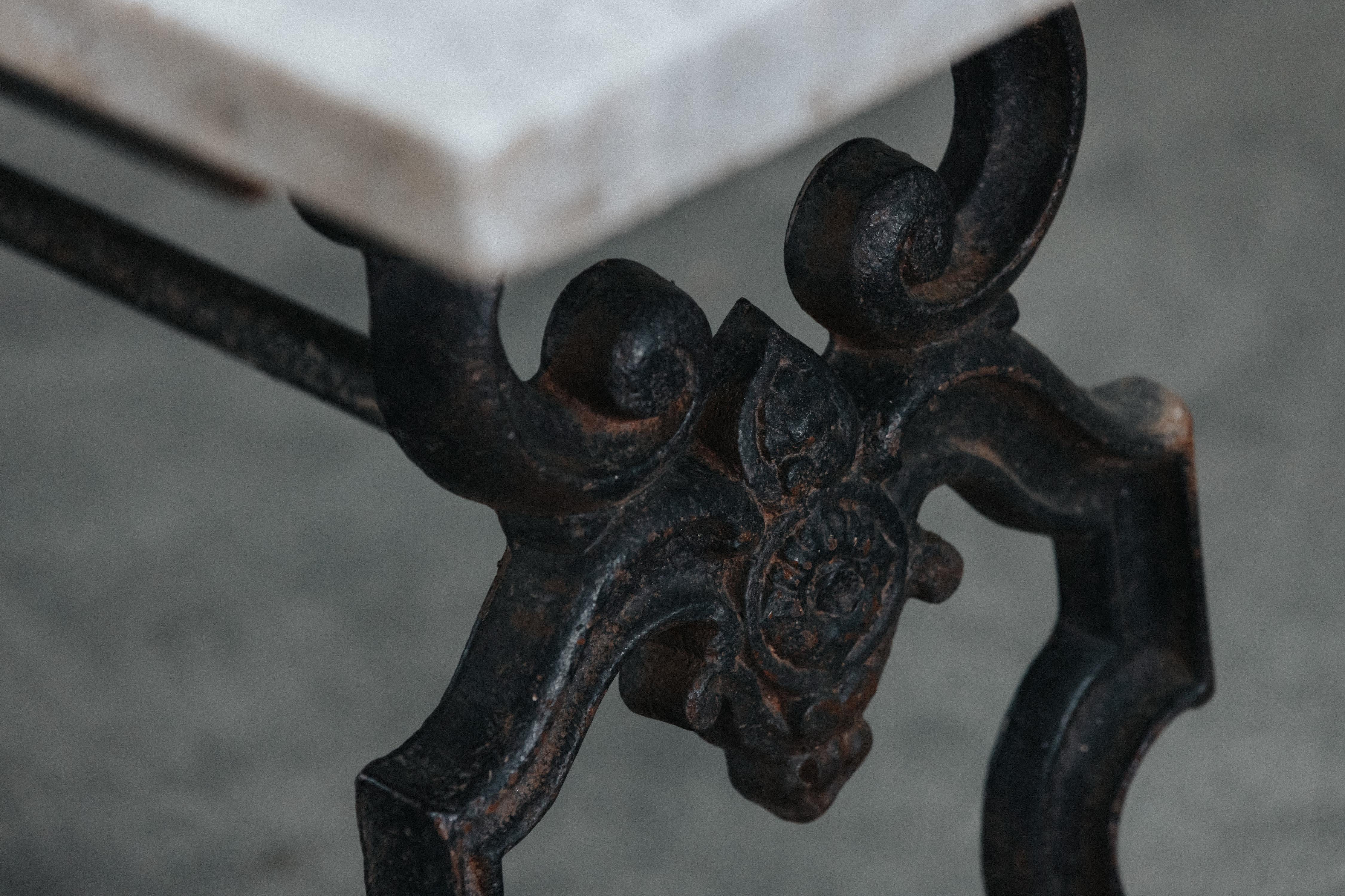 Cast Iron Marble Console Table From France, Circa 1930.  Solid iron base with fantastic original color.  Nice wear and use.