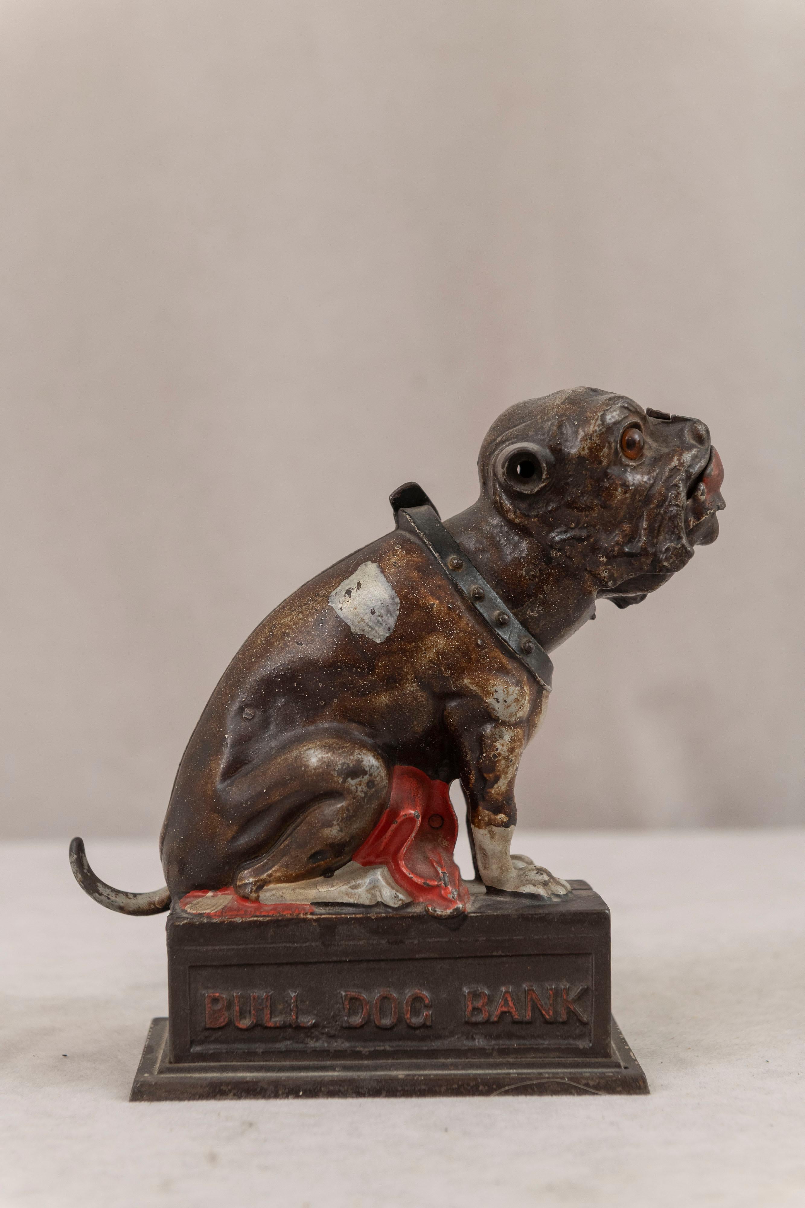 Americano Banca meccanica Bulldog in ghisa, di J & E Stevens, anni 1890, tutta originale in vendita