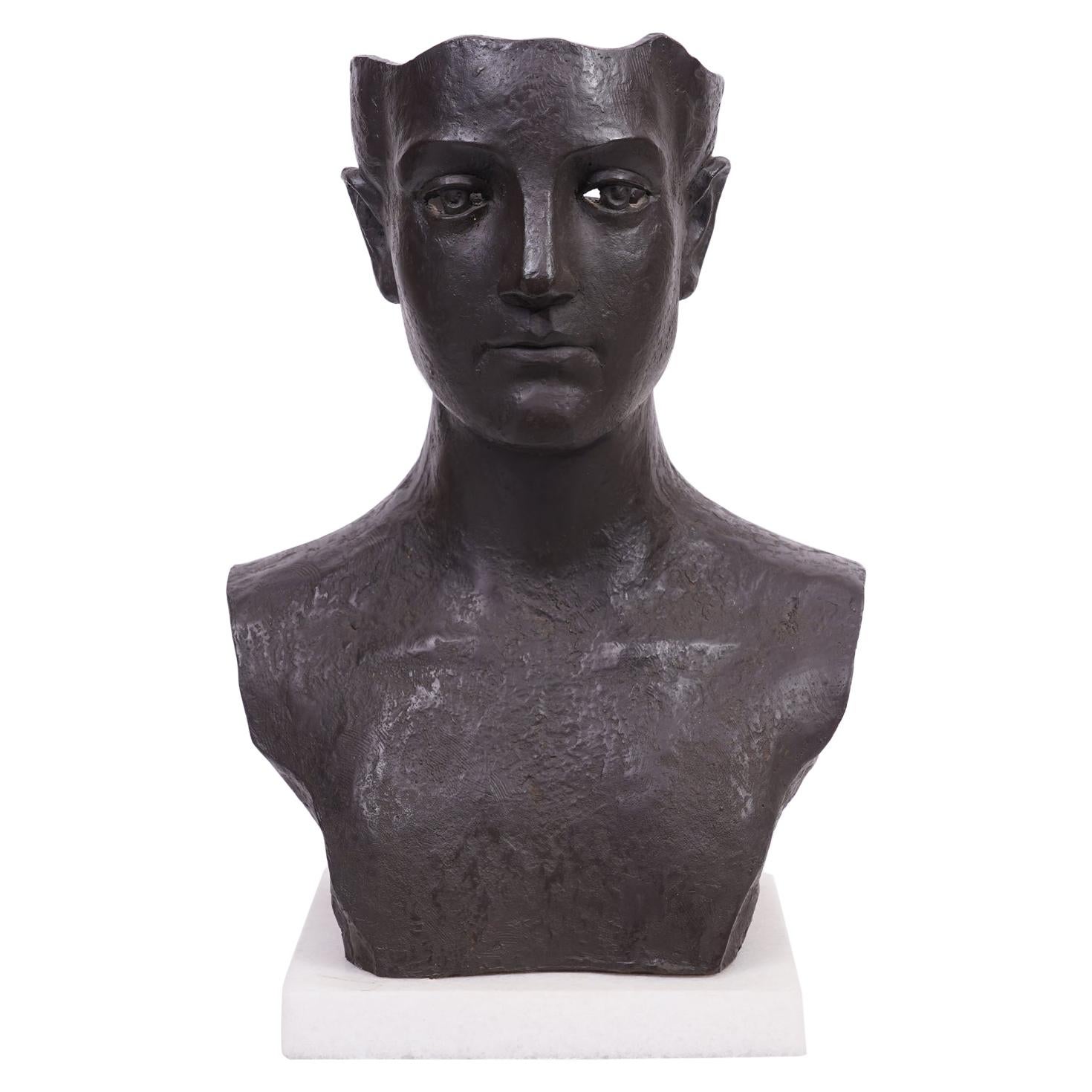 Cast Iron Modernist Fragmented Bust of a Young Man on a Marble Base