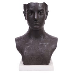 Cast Iron Modernist Fragmented Bust of a Young Man on a Marble Base