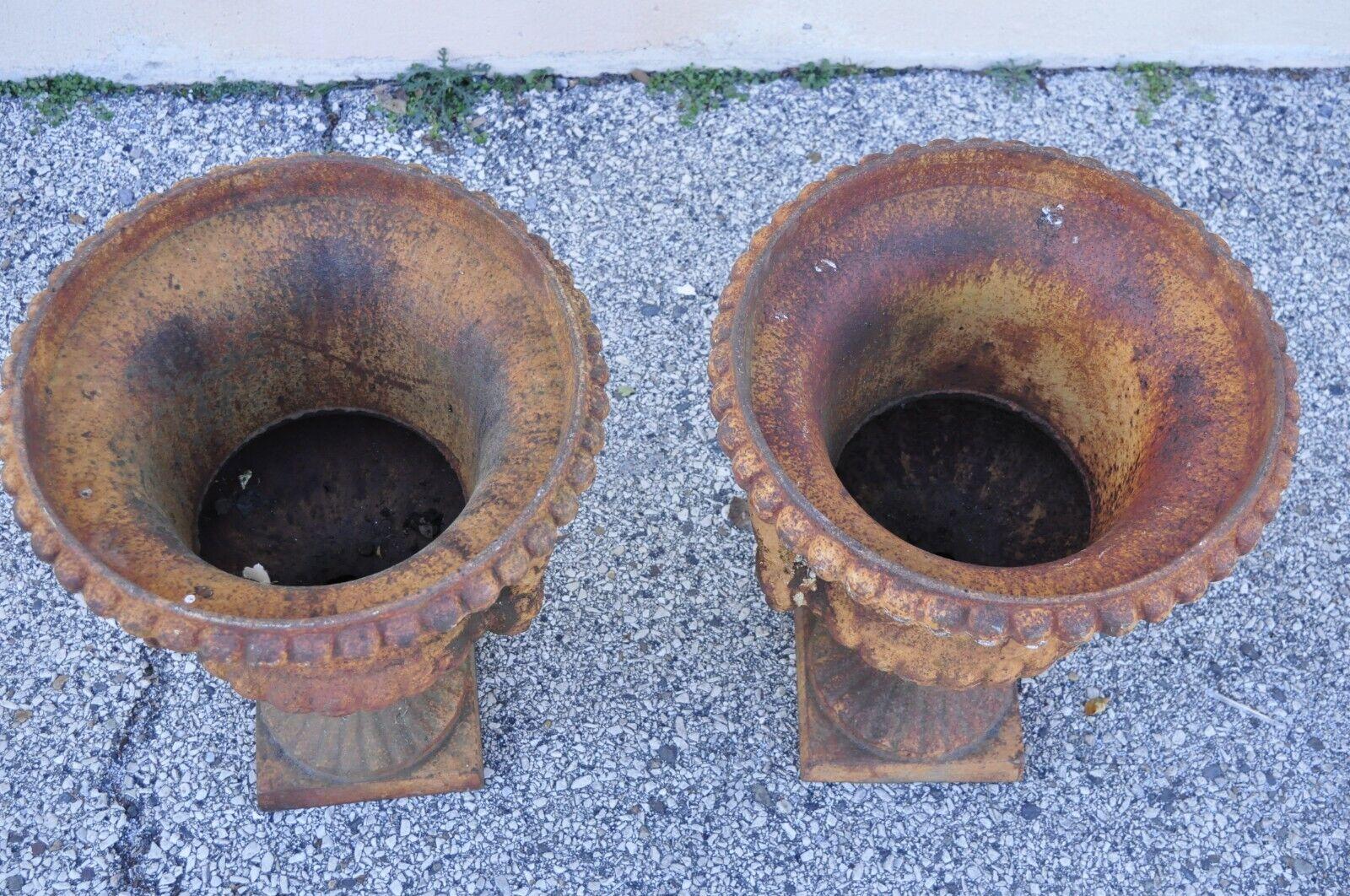 Cast Iron Neoclassical Style Figural Twin Handle Urn Garden Planter Pot - a Pair In Good Condition In Philadelphia, PA