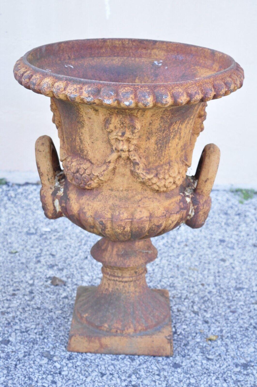 20th Century Cast Iron Neoclassical Style Figural Twin Handle Urn Garden Planter Pot - a Pair