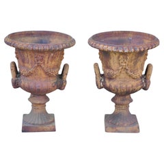 Cast Iron Neoclassical Style Figural Twin Handle Urn Garden Planter Pot - a Pair