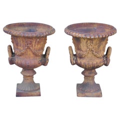 Retro Cast Iron Neoclassical Style Figural Twin Handle Urn Garden Planter Pot - a Pair