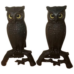 Vintage Cast Iron Owl Andirons, circa 1900