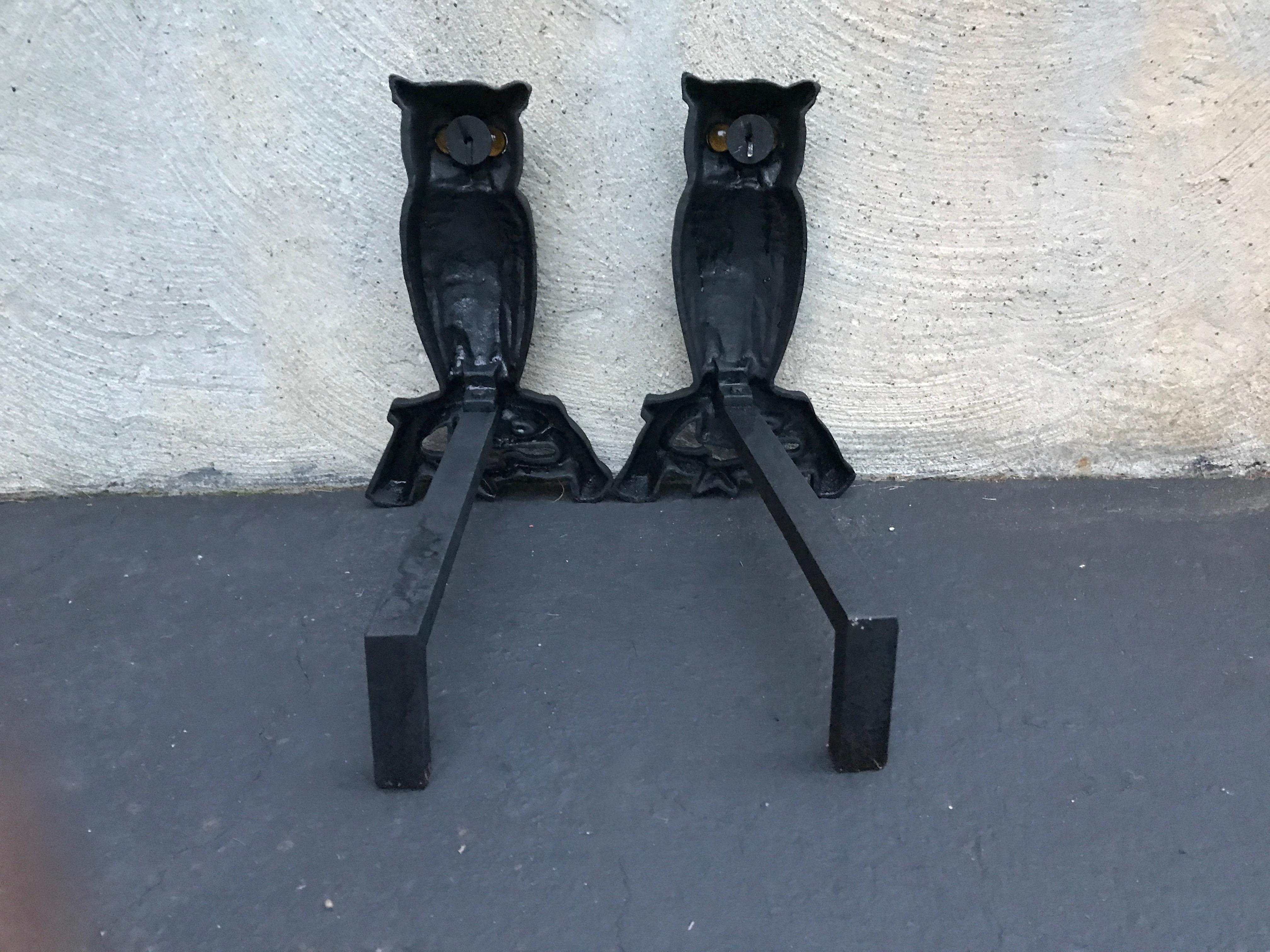 American Colonial Cast Iron Owl Andirons with Amber Eyes, circa 1900