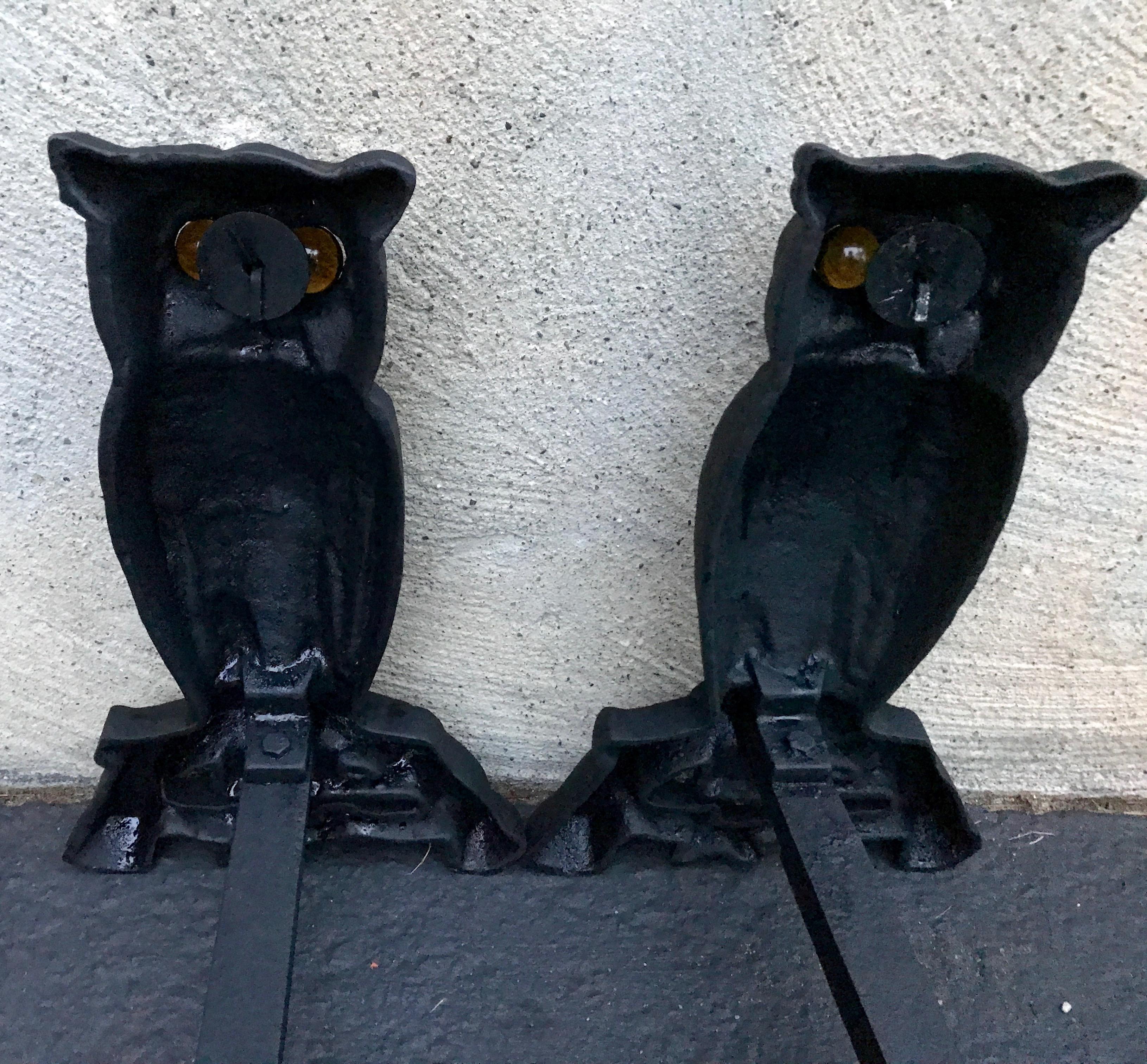 North American Cast Iron Owl Andirons with Amber Eyes, circa 1900