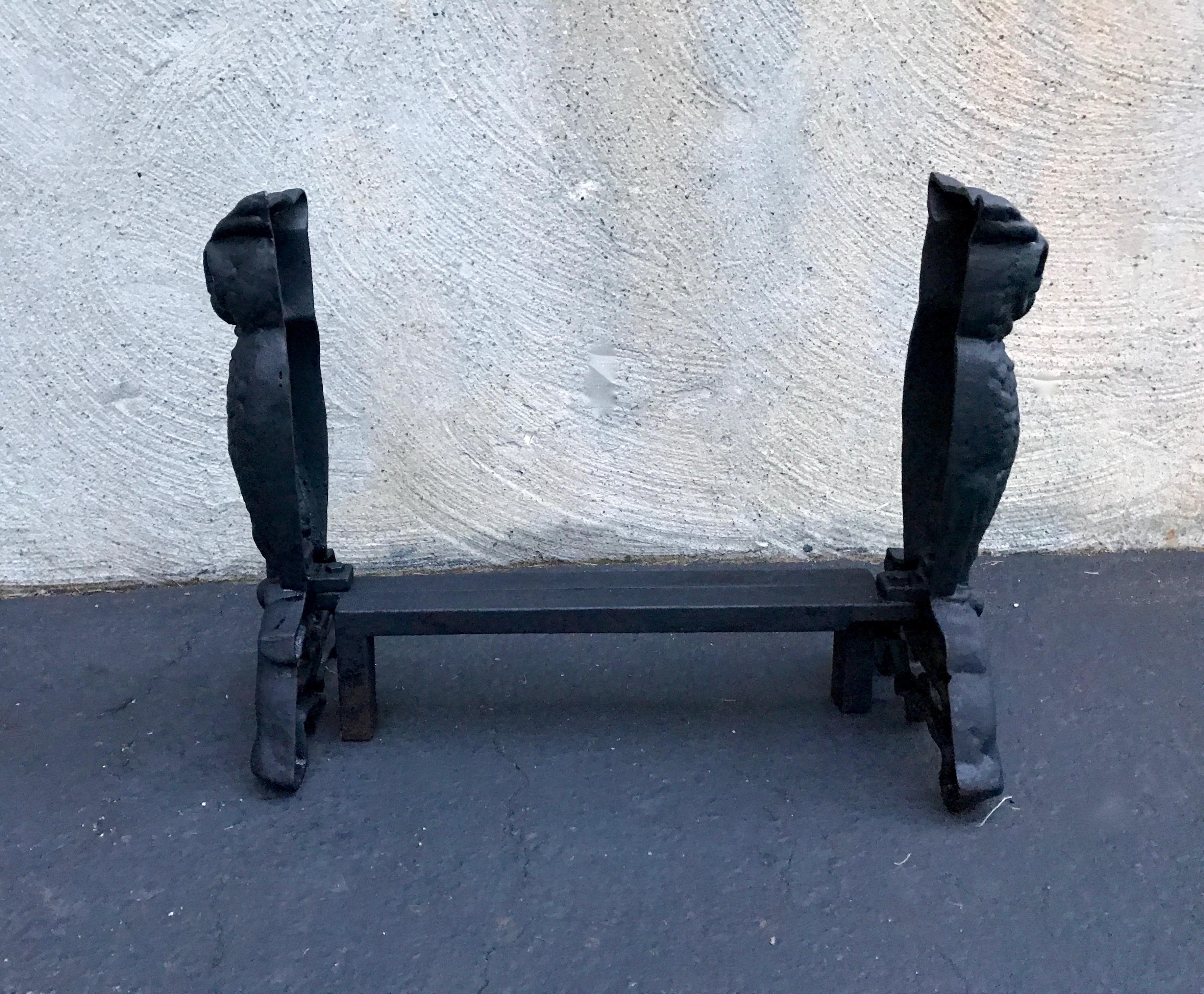 Cast Iron Owl Andirons with Amber Eyes, circa 1900 In Excellent Condition In Billerica, MA