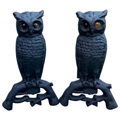 Cast Iron Owl Andirons with Amber Eyes, circa 1900