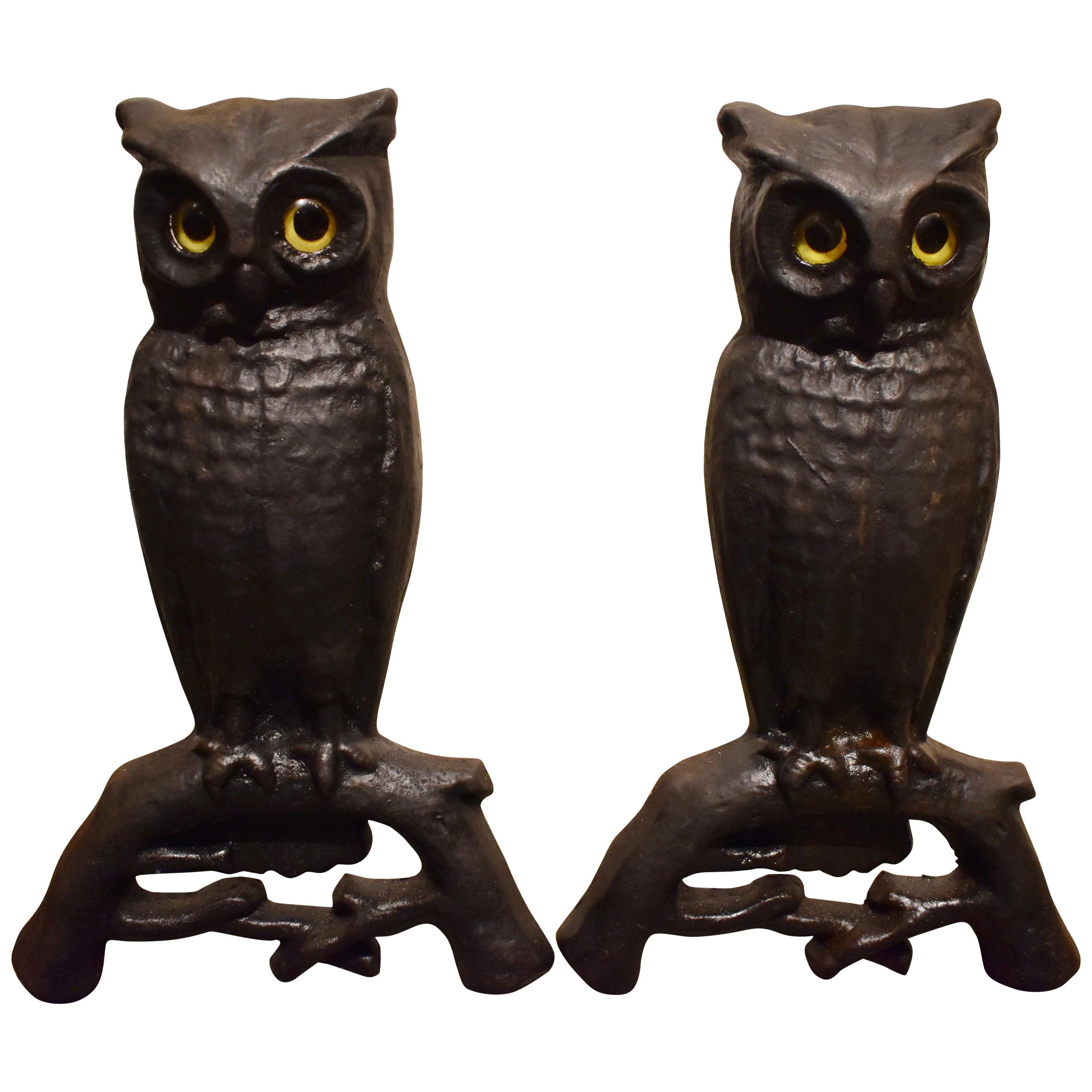 Cast Iron Owl Andirons with Glass Eyes, circa 1890, New Hampshire For Sale