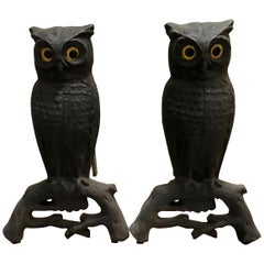 Antique Cast Iron Owl Andirons with Glass Eyes, circa 1900