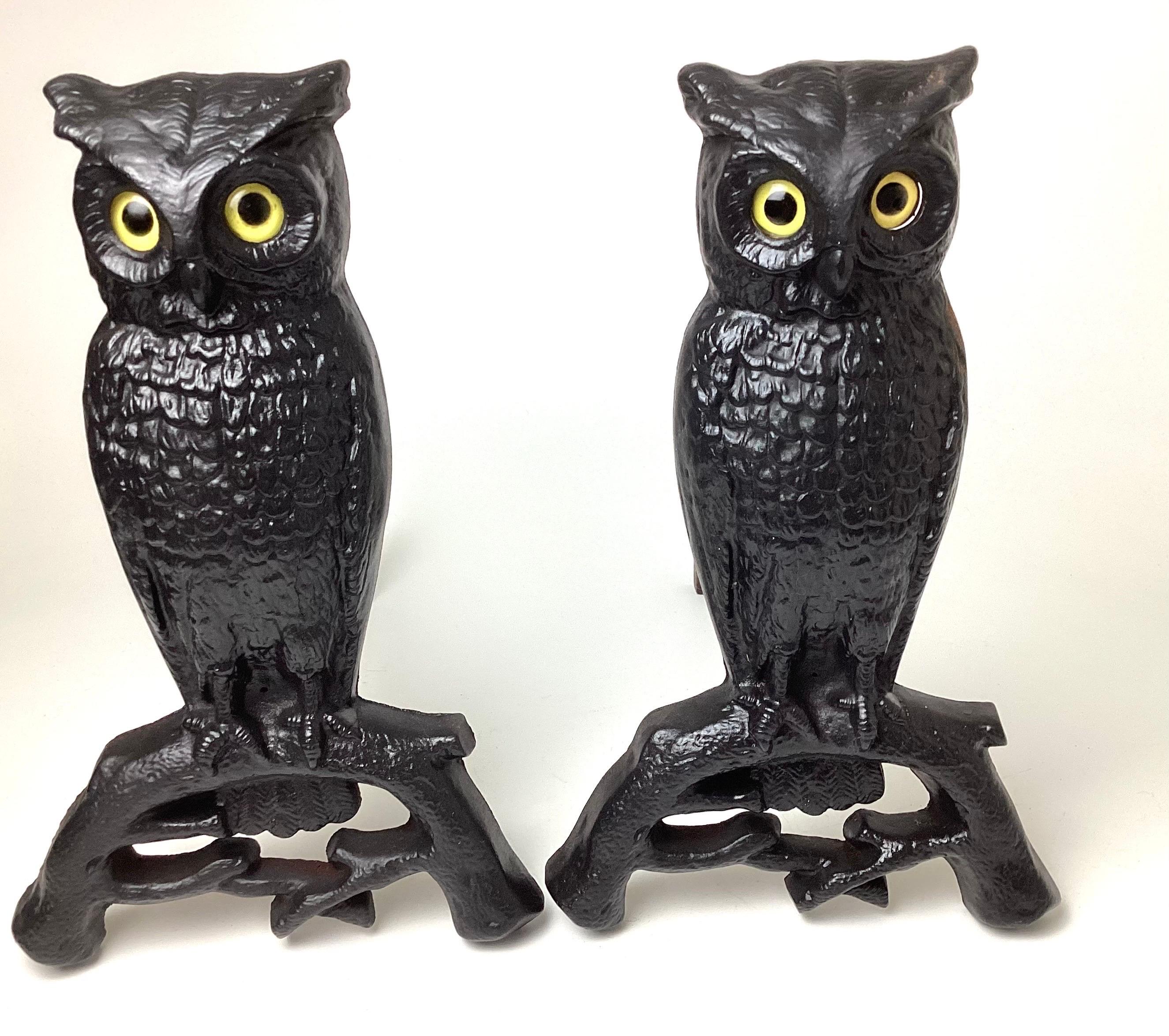 20th Century Cast Iron Owl Andirons with Glass Eyes