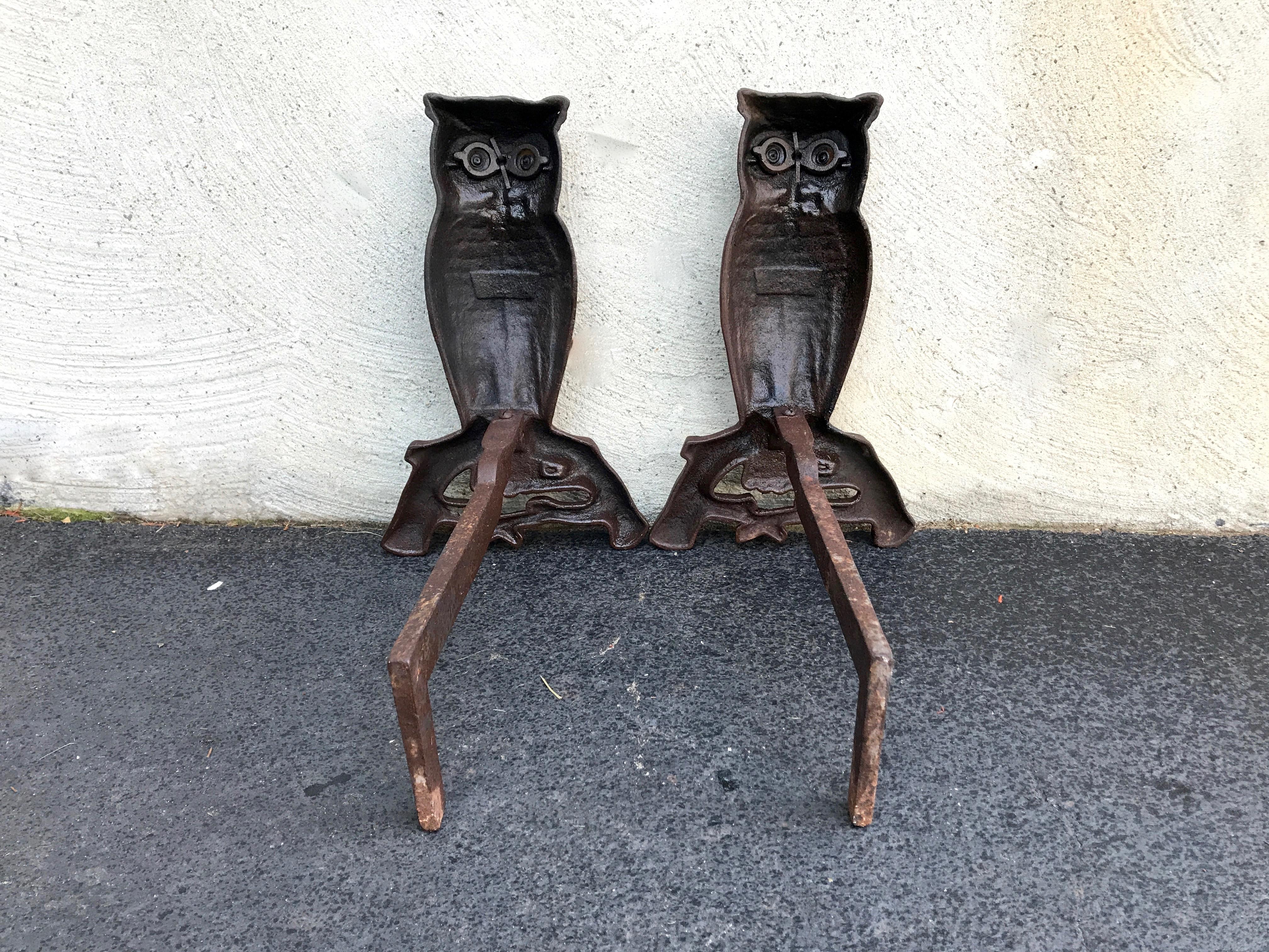 American Colonial Cast Iron Owl Andirons with Glass Eyes, Late 19th Century Westport, Ma
