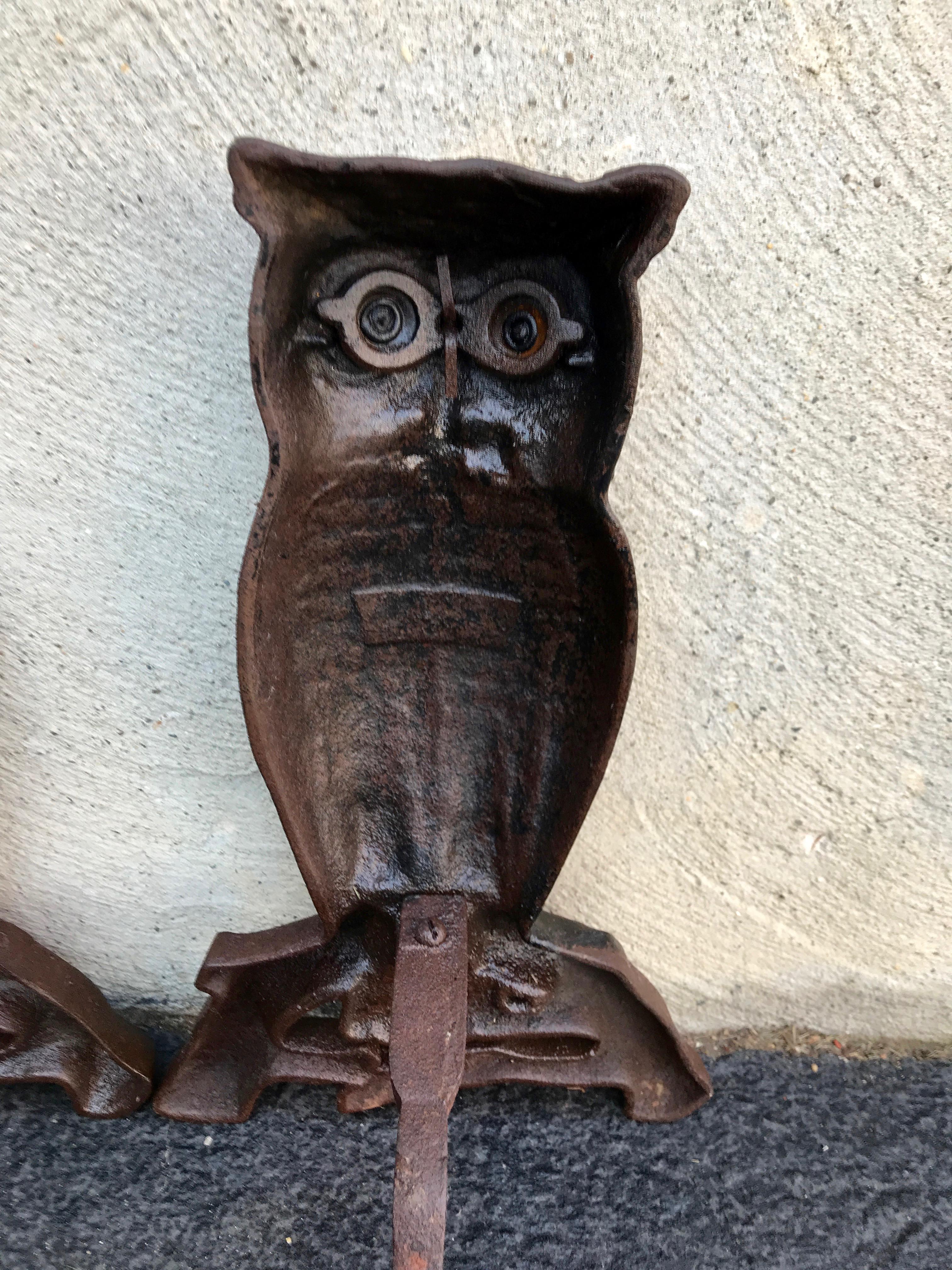 American Cast Iron Owl Andirons with Glass Eyes, Late 19th Century Westport, Ma