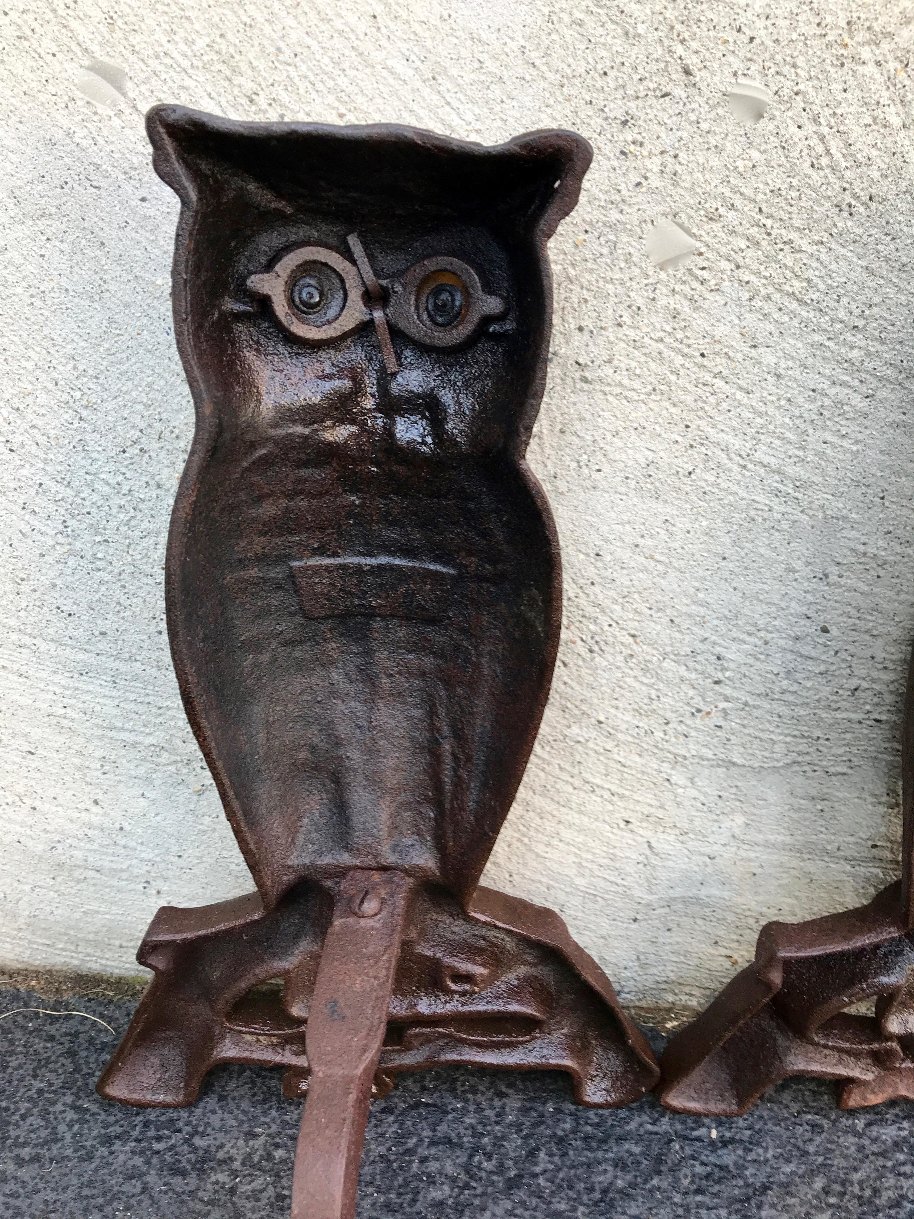 Cast Iron Owl Andirons with Glass Eyes, Late 19th Century Westport, Ma In Good Condition In Billerica, MA