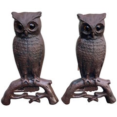 Antique Cast Iron Owl Andirons with Glass Eyes, Late 19th Century Westport, Ma