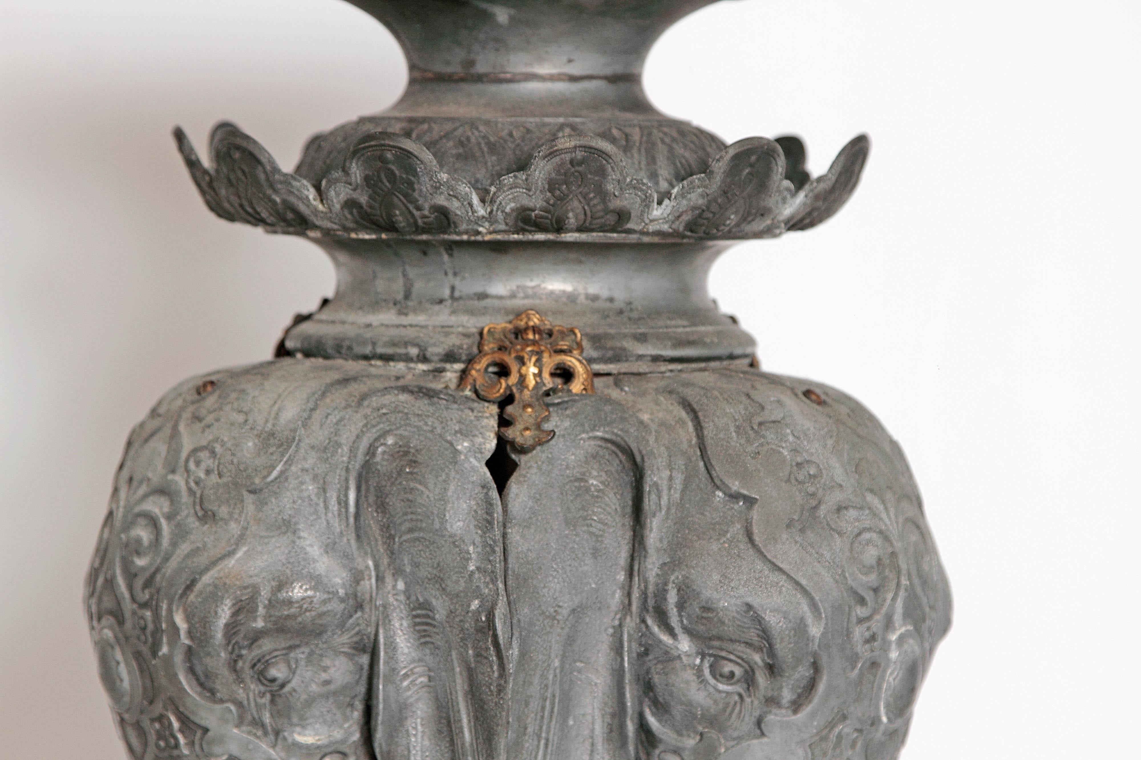 Metal Cast Iron Pedestal with Marble Top / Elephant Heads
