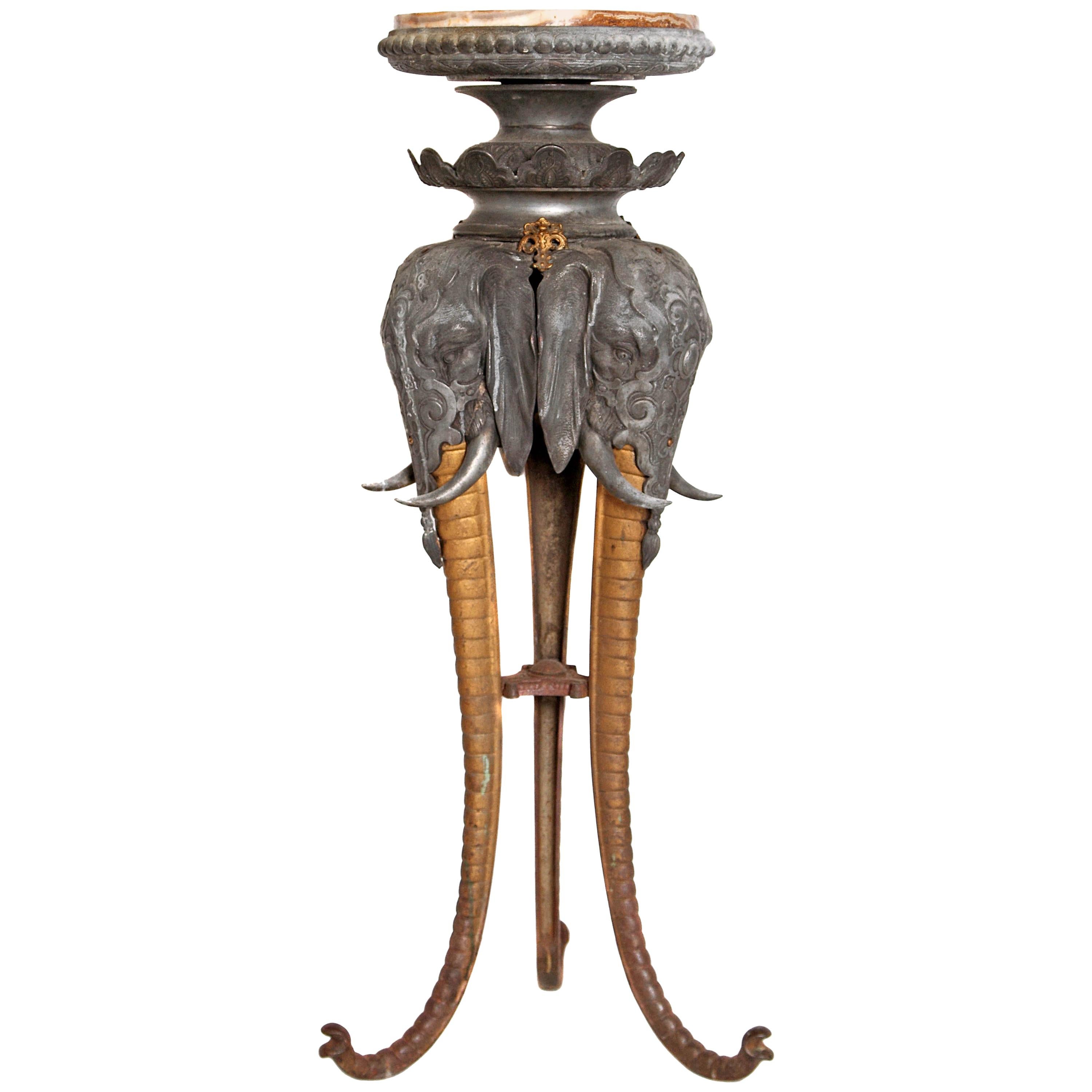 Cast Iron Pedestal with Marble Top / Elephant Heads