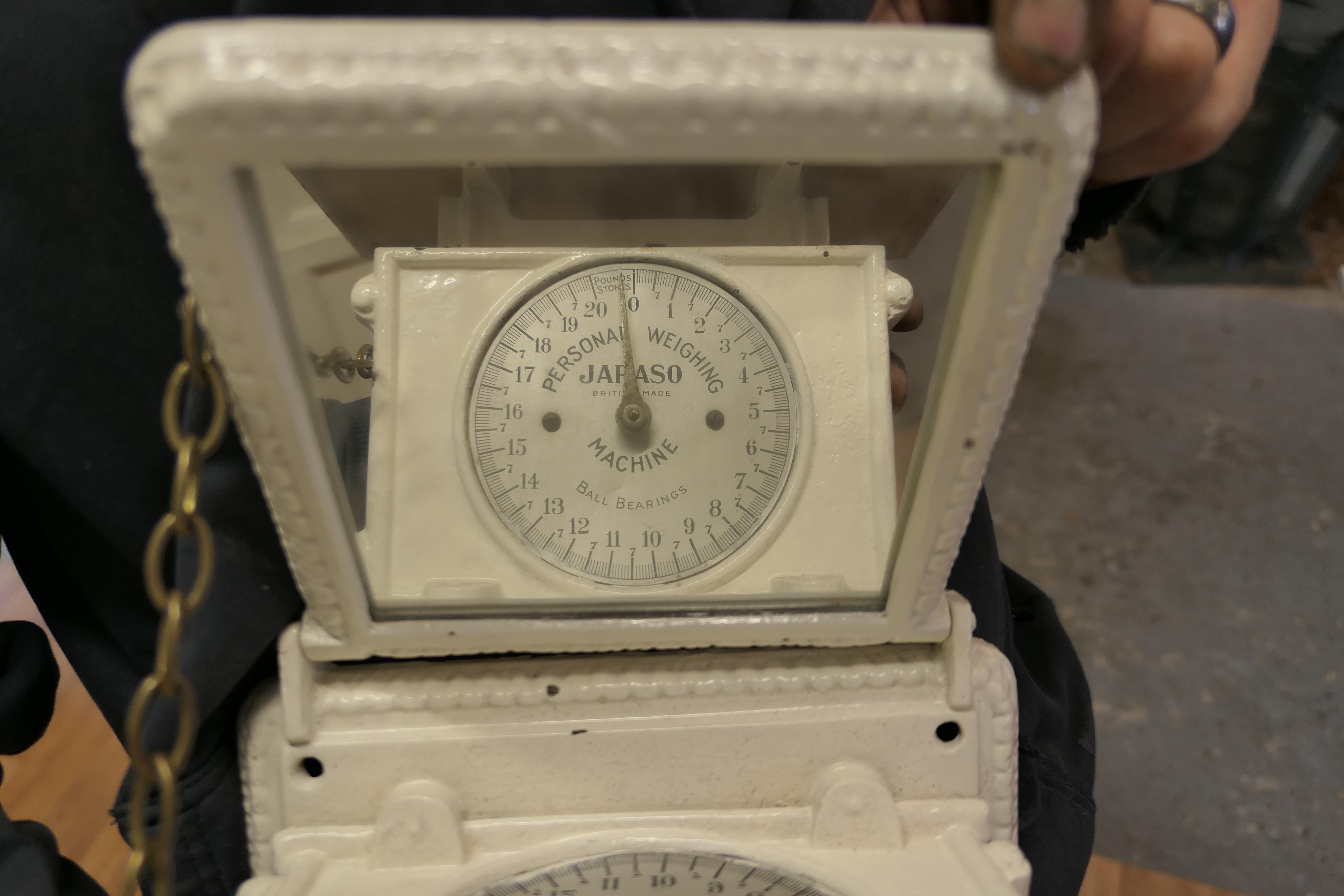 Cast Iron Personal Weighing Scales by JARASO

Quirky scales to keep your weight personal, the weight registered by the scales can only be correctly viewed by the user by the mirror. The scales seem to be in working order 
The Scale is 8” high, 11”