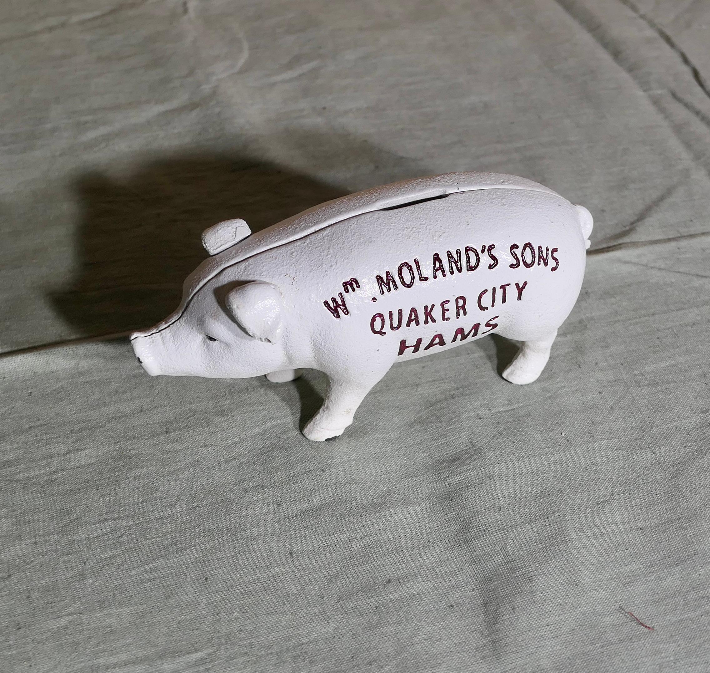 Artisanat Tirelire en fonte Publicité Wm Moland's Sons Quaker City Hams en vente