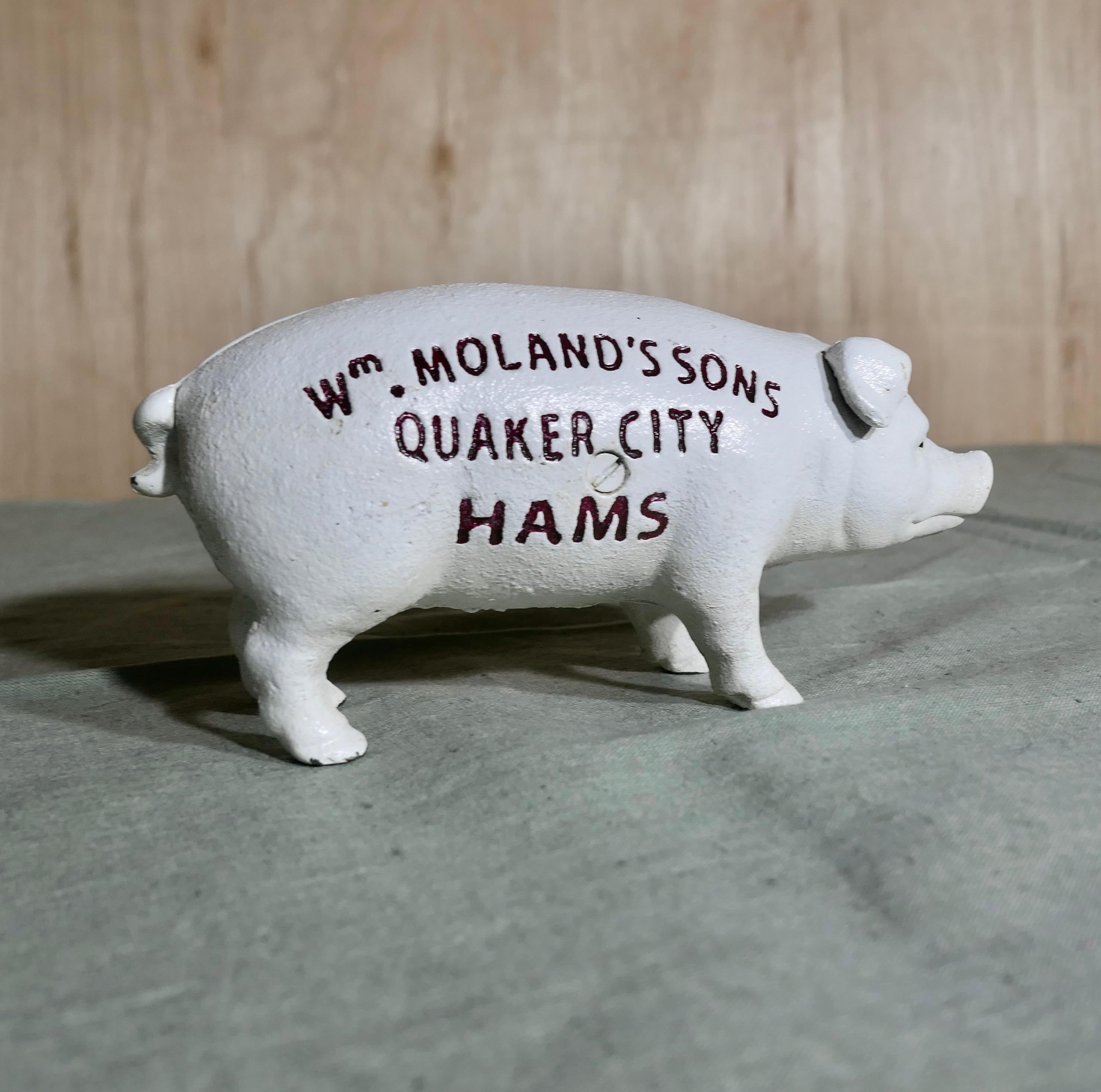 Milieu du XXe siècle Tirelire en fonte Publicité Wm Moland's Sons Quaker City Hams en vente