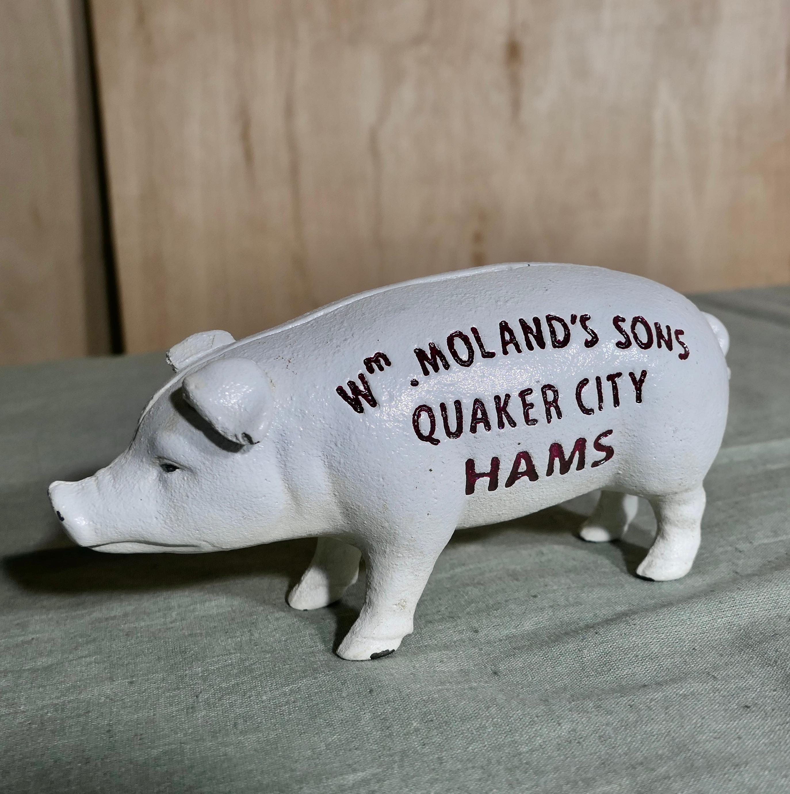 Tirelire en fonte Publicité Wm Moland's Sons Quaker City Hams en vente 1
