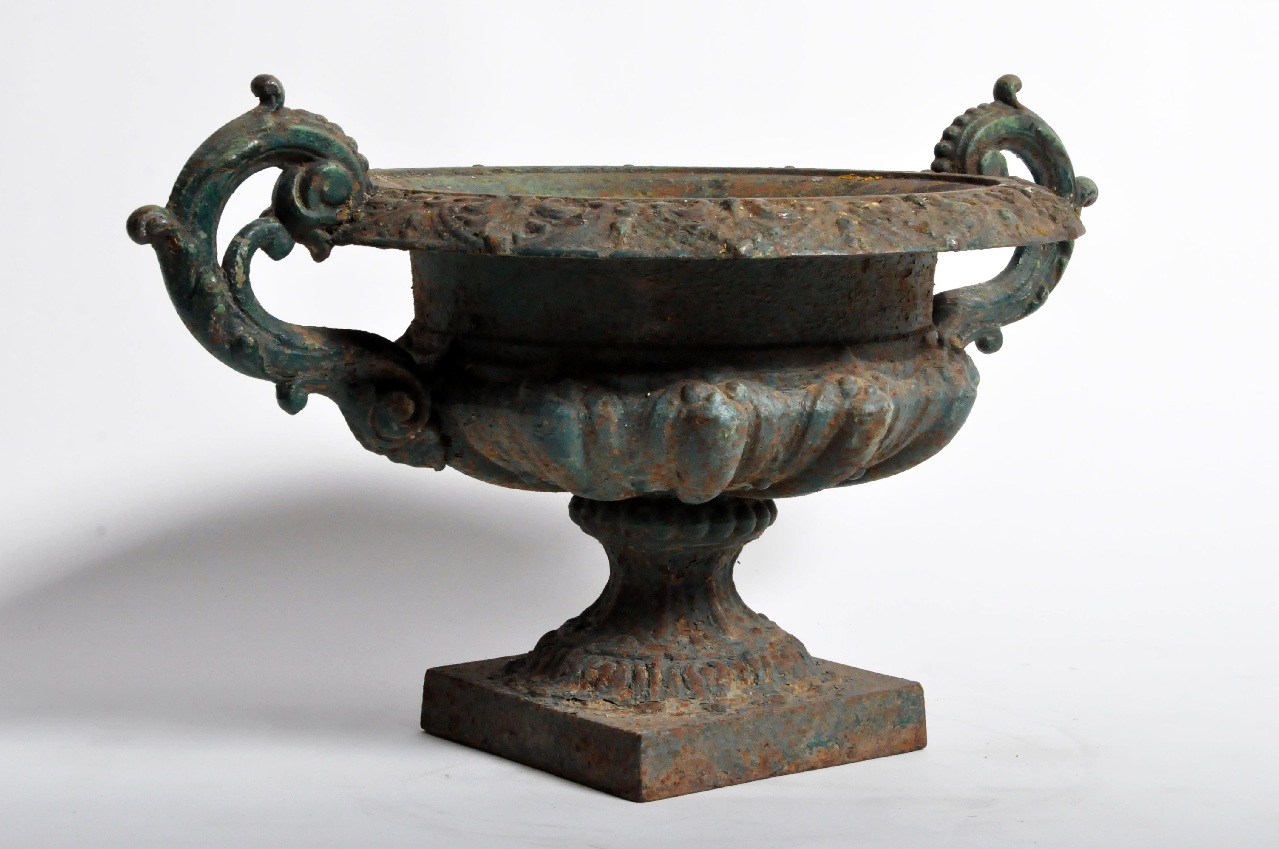 A planter from Paris, France made from cast iron and original green paint, 19th century. A well-formed and graceful design with large curling arms and excellent patina. Wear consistent with age and use.
  