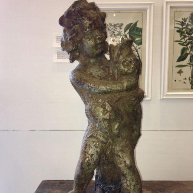 Cast Iron Putti with Dolphin Fountain Sculpture In Good Condition In Doylestown, PA