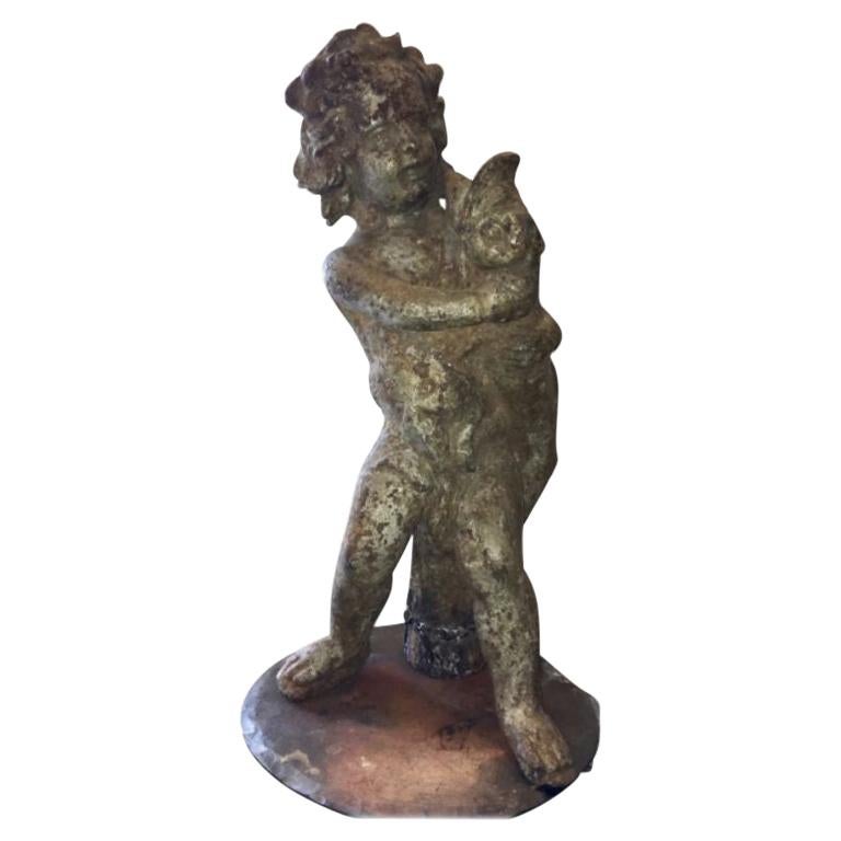 Cast Iron Putti with Dolphin Fountain Sculpture