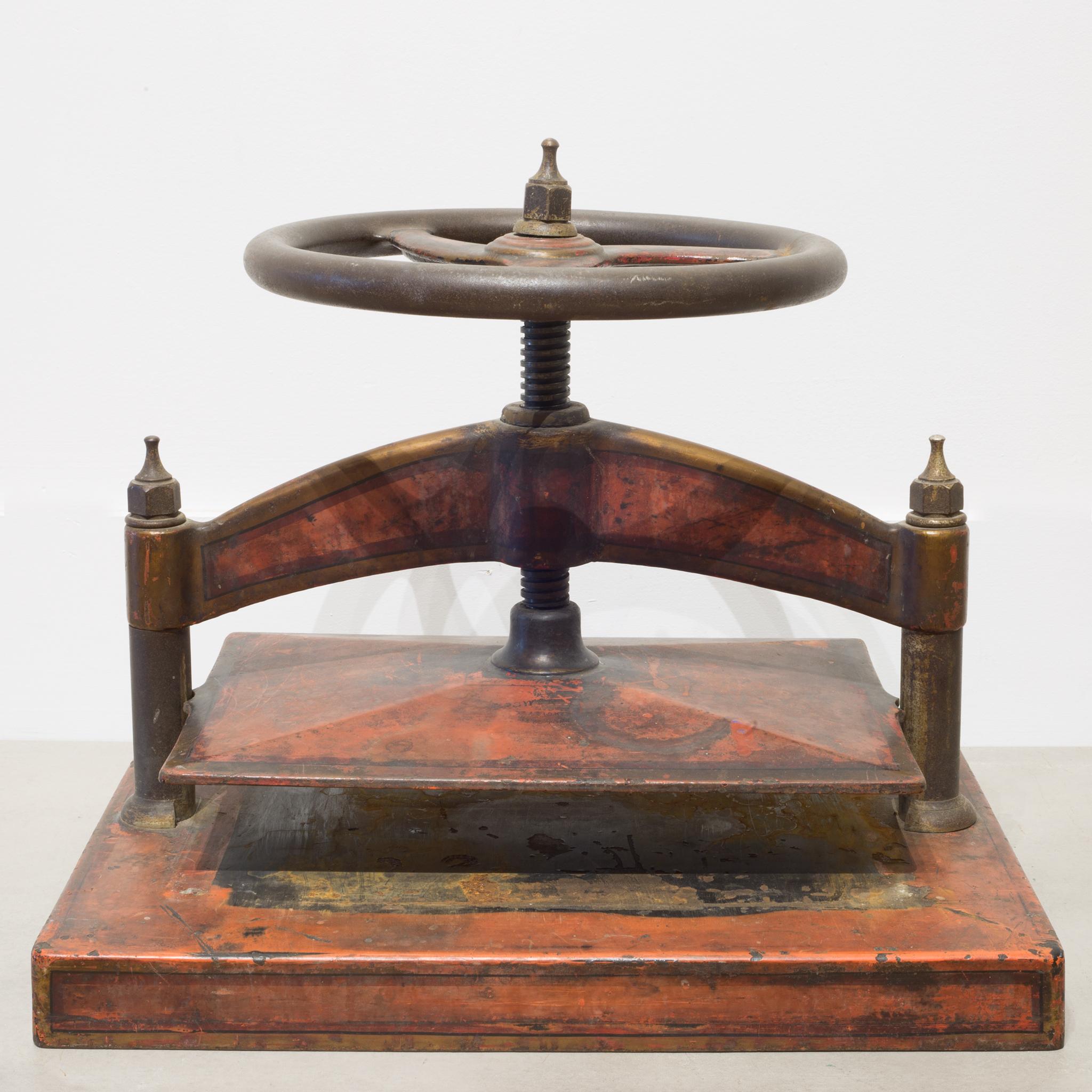 About

This is an antique cast iron red polychromed and stenciled wheel book press. The handle works properly and moves up and down. The press has retained some of the original stenciling on the body and is structurally sound.

Creator