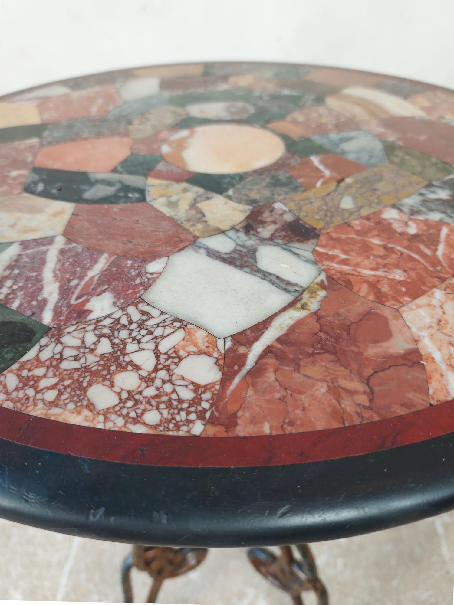 20th Century Cast iron round bistro table with inlaid (intarsia) marble mosaic For Sale