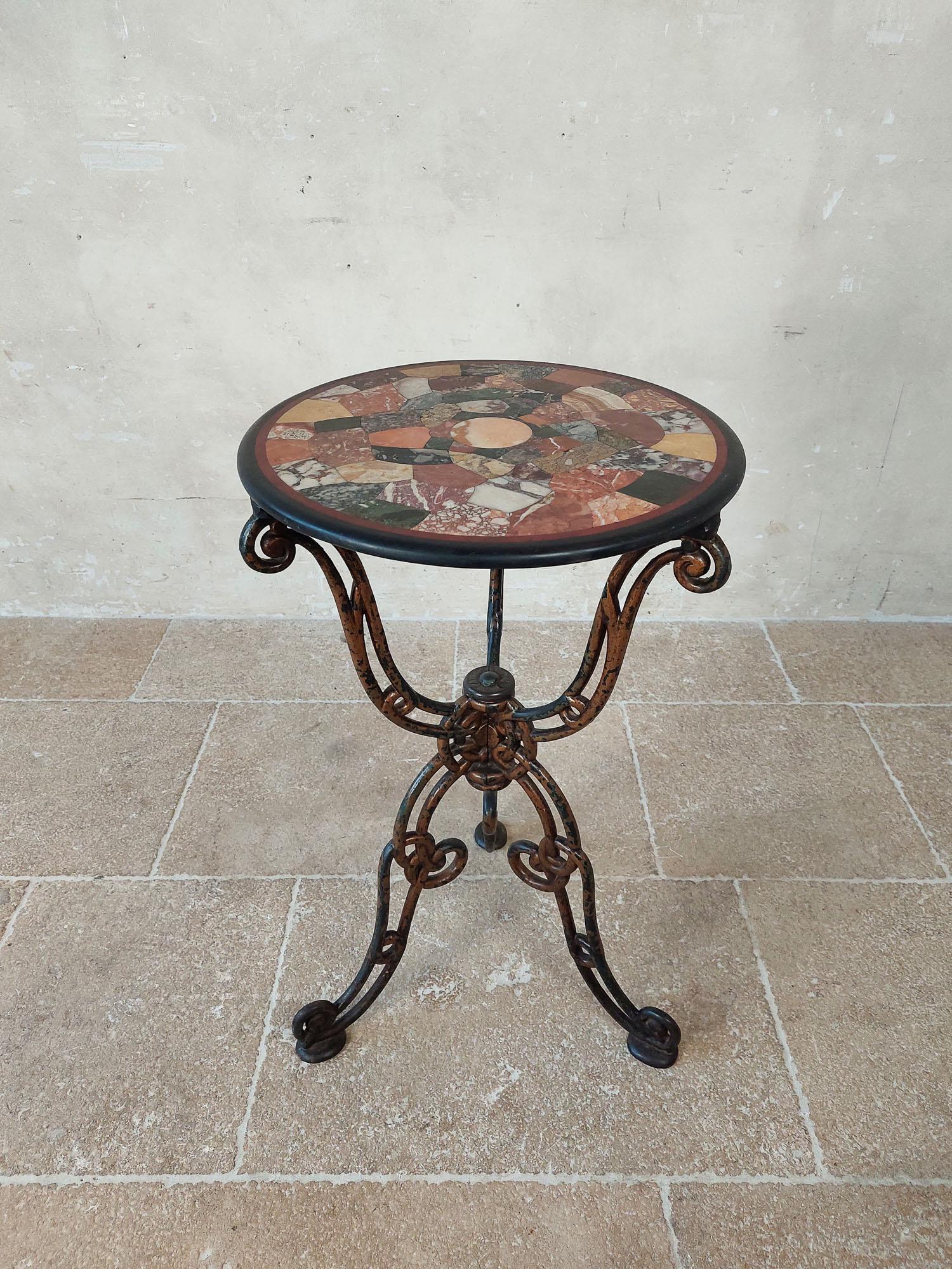 Iron Cast iron round bistro table with inlaid (intarsia) marble mosaic For Sale