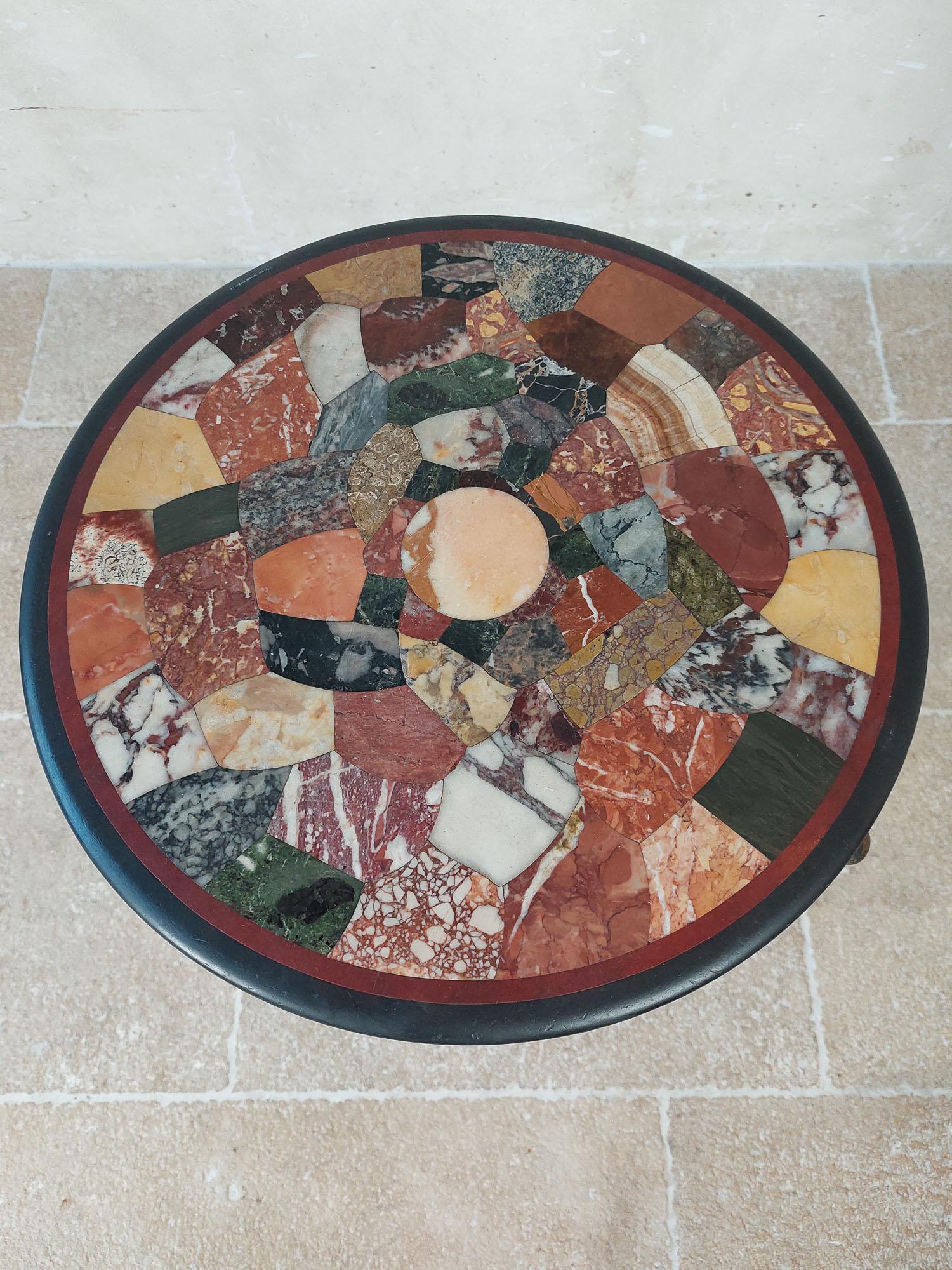 Cast iron round bistro table with inlaid (intarsia) marble mosaic For Sale 2