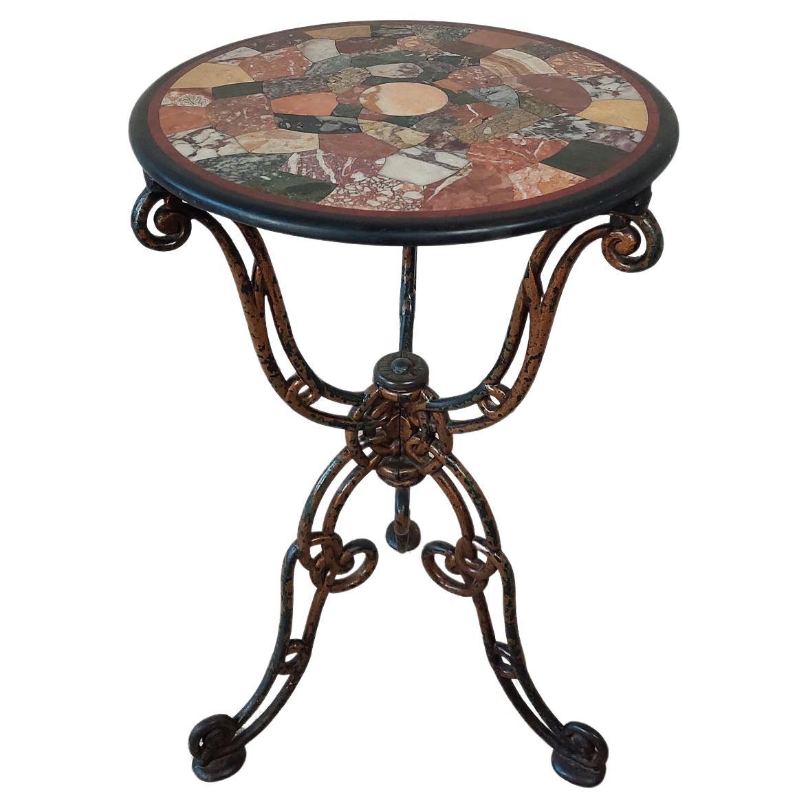 Cast iron round bistro table with inlaid (intarsia) marble mosaic For Sale
