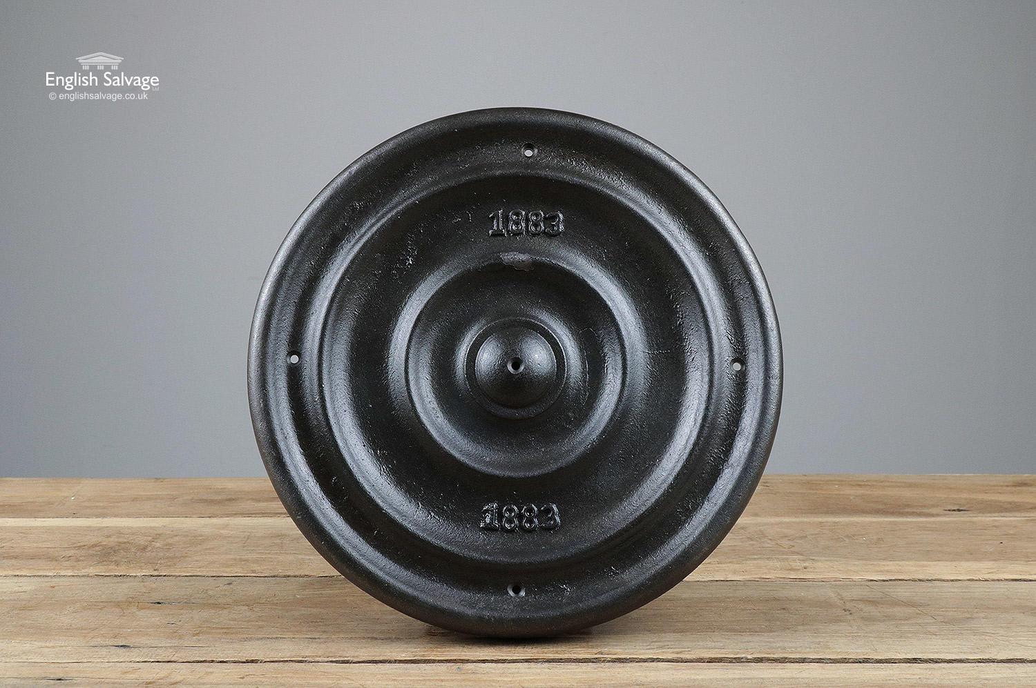 Bullseye round wall tie pattress plates in cast iron. Marked 1883, these are well made reproductions however. Four holes to the outside and one to the centre. Pattress plates are used to secure unstable walls along with tie rods.