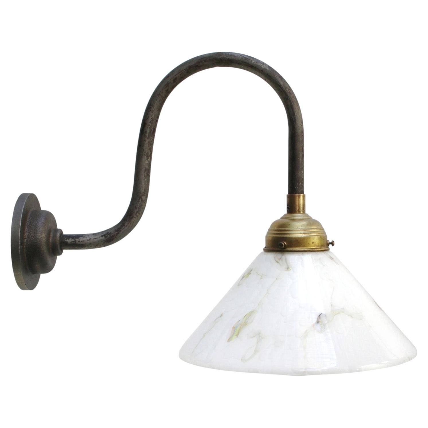 Cast Iron Scones Wall Lights with White Marble Effect Glass Shade For Sale