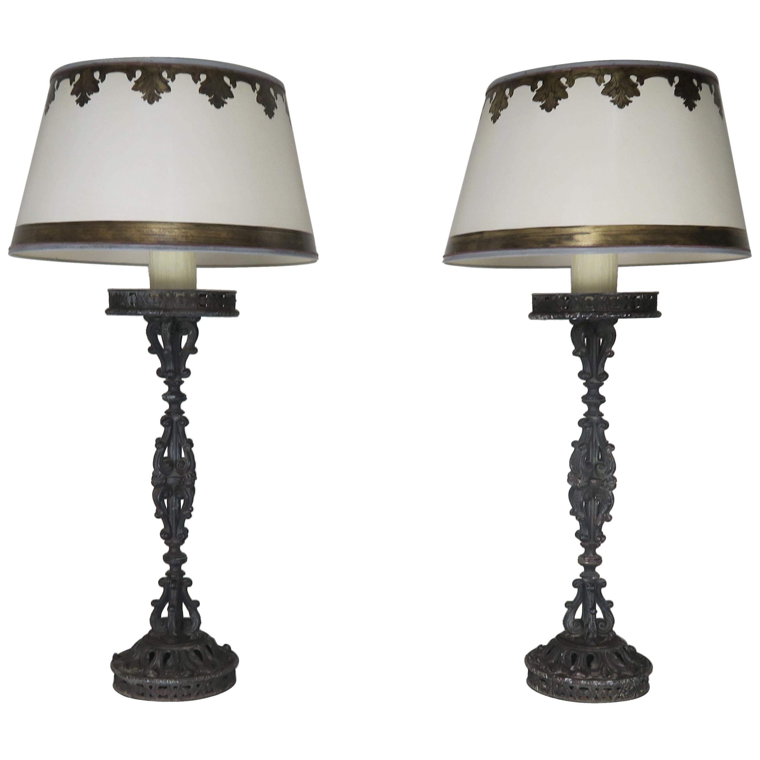 Cast Iron Spanish Candlestick Lamps with Custom Parchment Shades, Pair