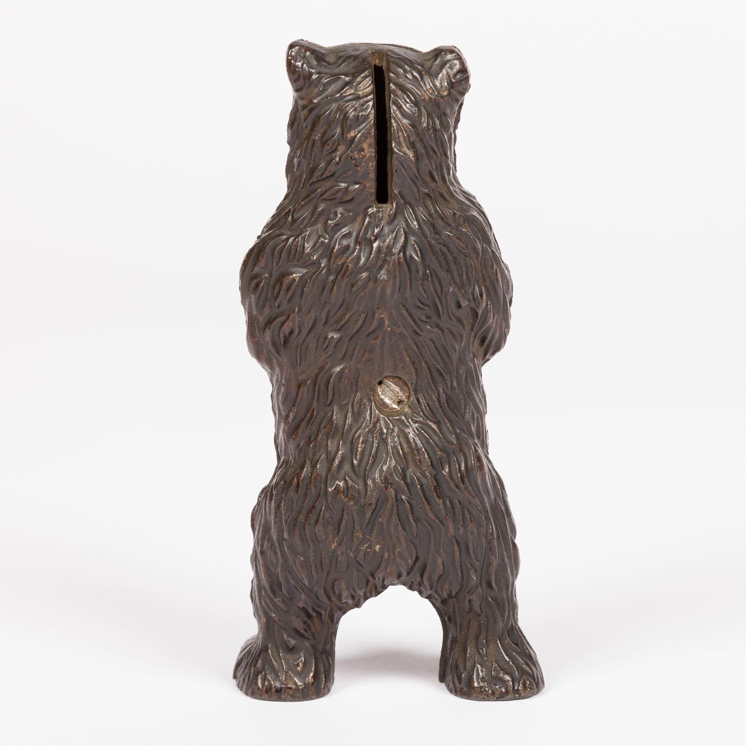 English Cast iron standing bear money box by John Harper & Co For Sale