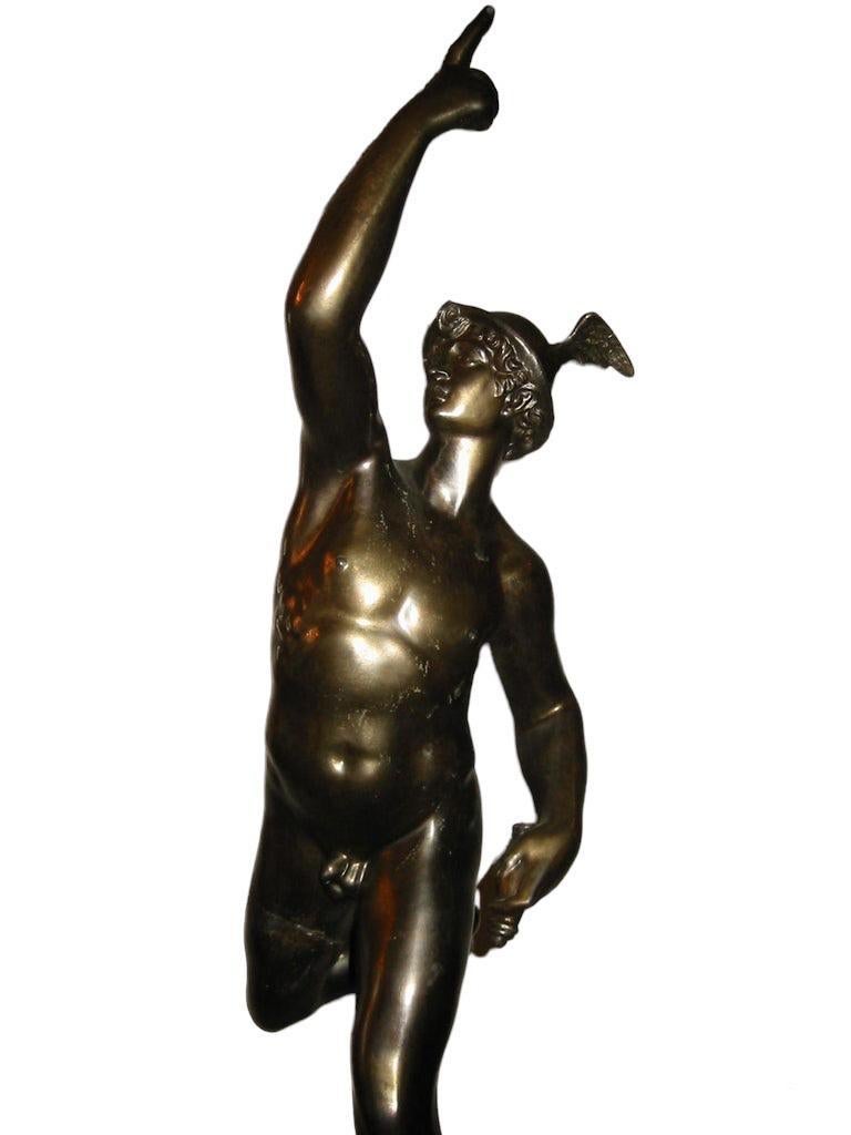 Exquisite cast iron statue of mercury. These sculptures were very popular in England and France in the early 20th century. The piece has been repaired on the thigh, please see last photo for repair.

Property from esteemed interior designer Juan