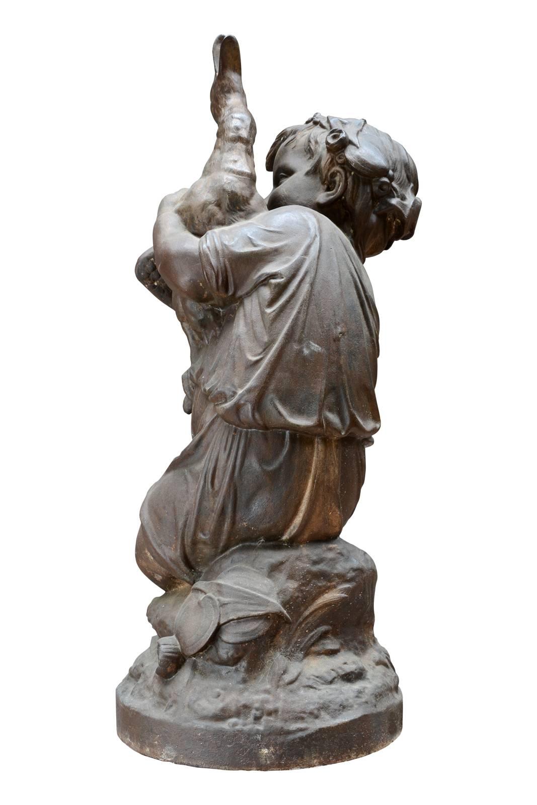 French Cast Iron Statue of the Child and the Duck after Mathurin Moreau, 19th Century