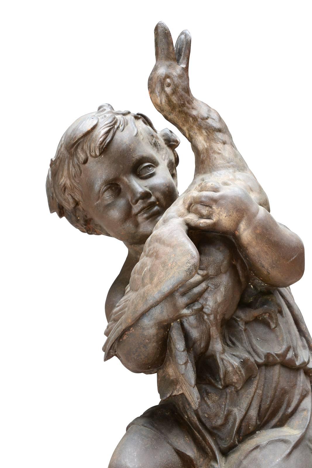 Cast Iron Statue of the Child and the Duck after Mathurin Moreau, 19th Century In Good Condition In Richebourg, Yvelines