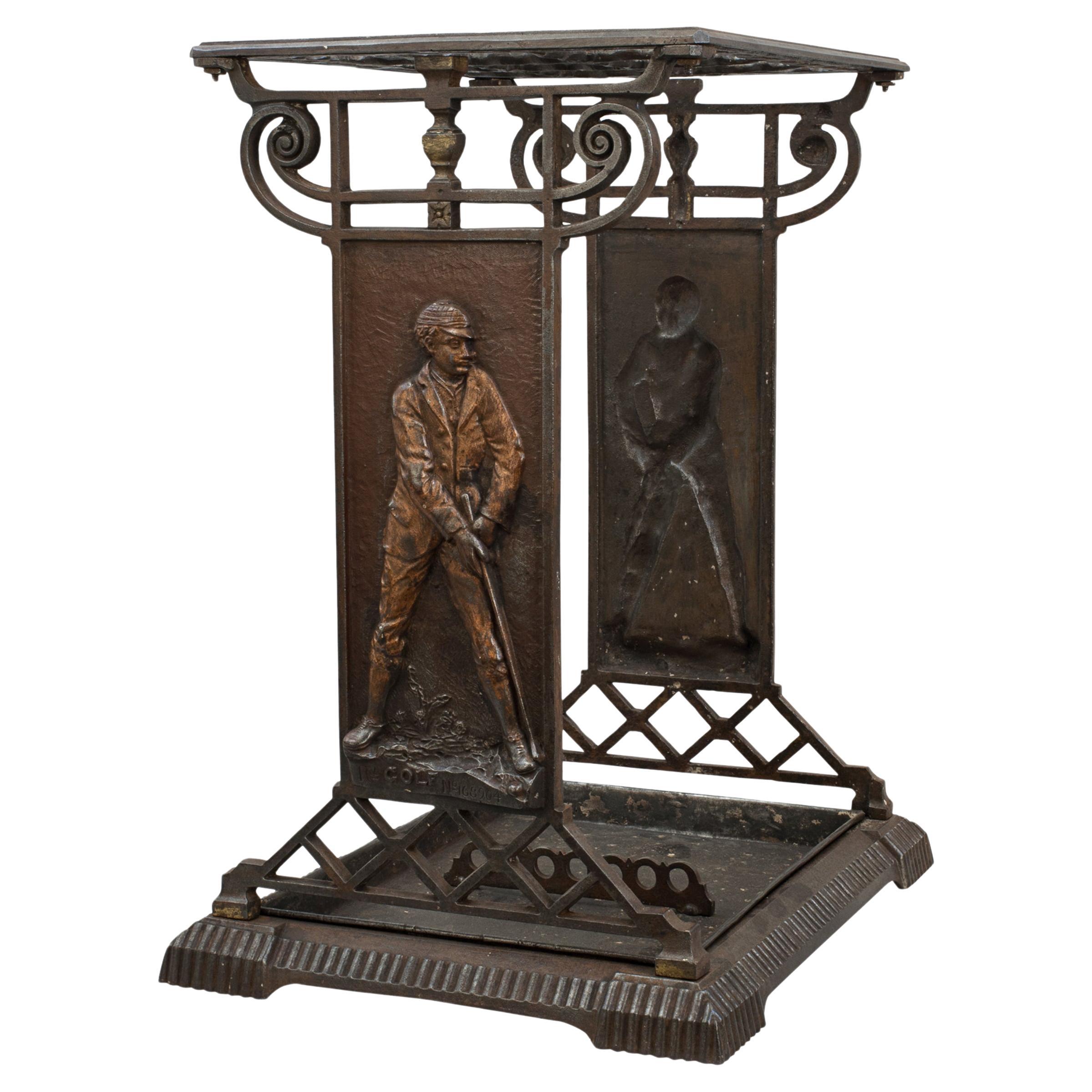 Cast Iron Umbrella Stand With Golf Figure For Sale