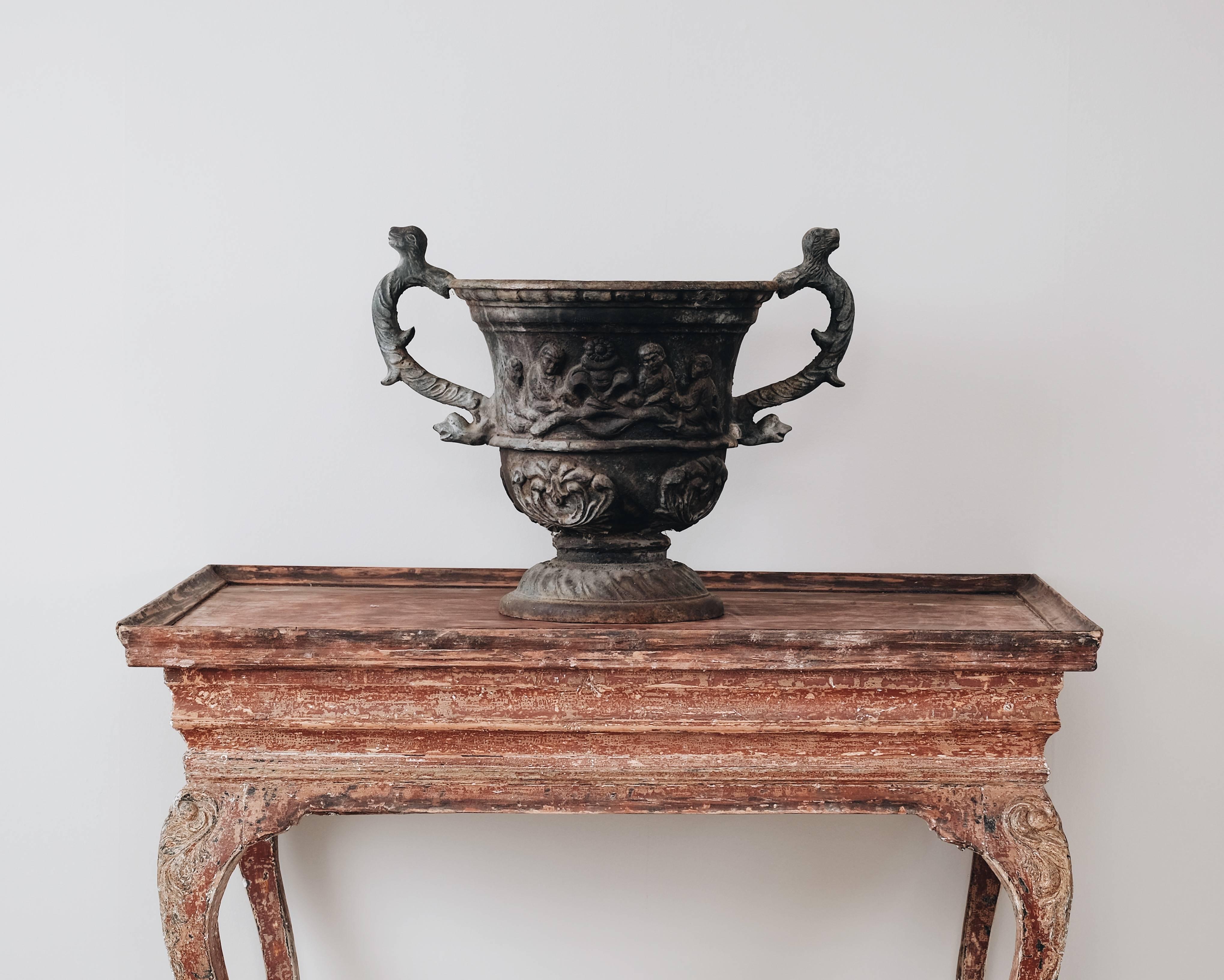 Sculptural 20th century Swedish cast-iron garden urn with dragon handles, circa 1930, Sweden.