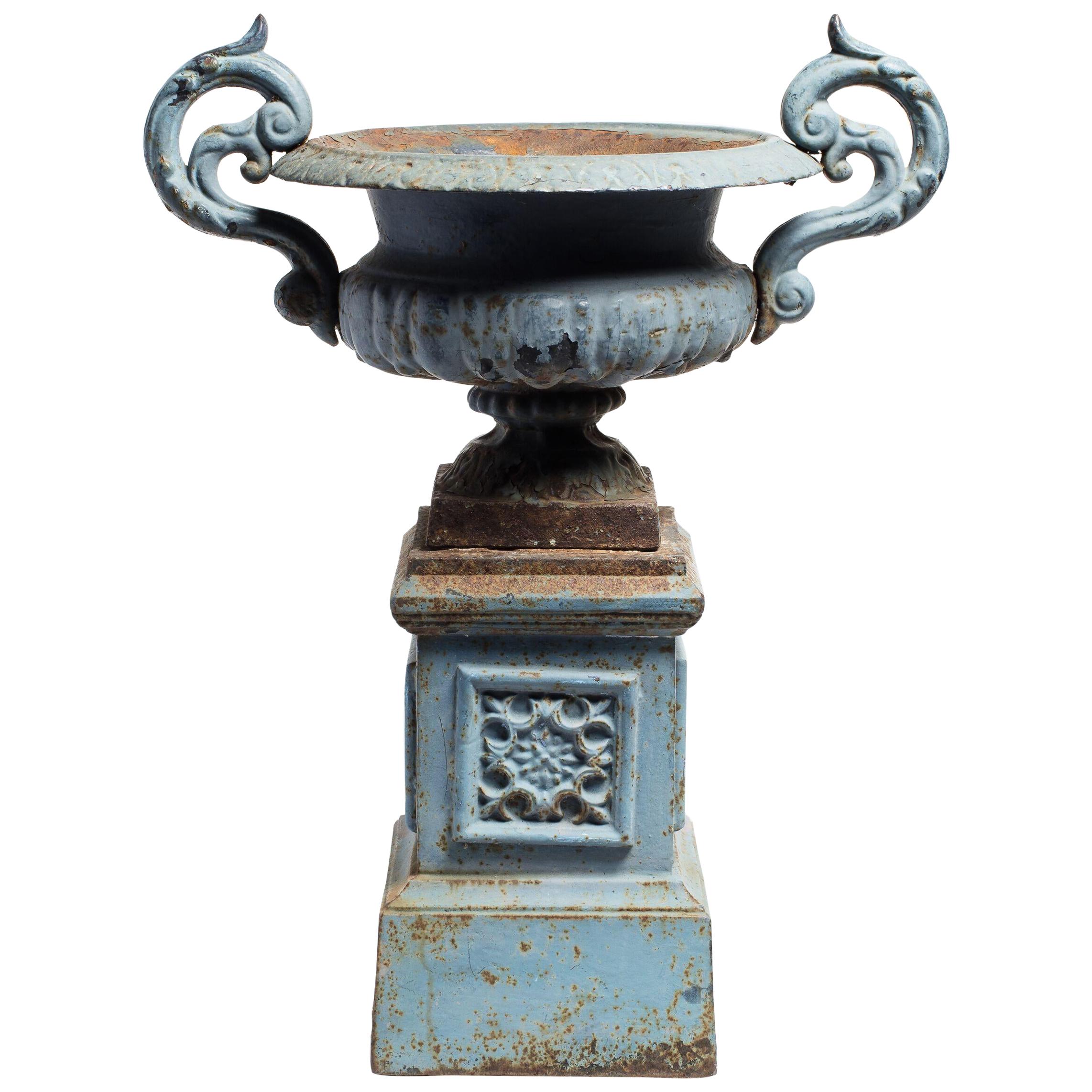 19th Century French Pedestal Urn Planter with Blue Enamel Finish