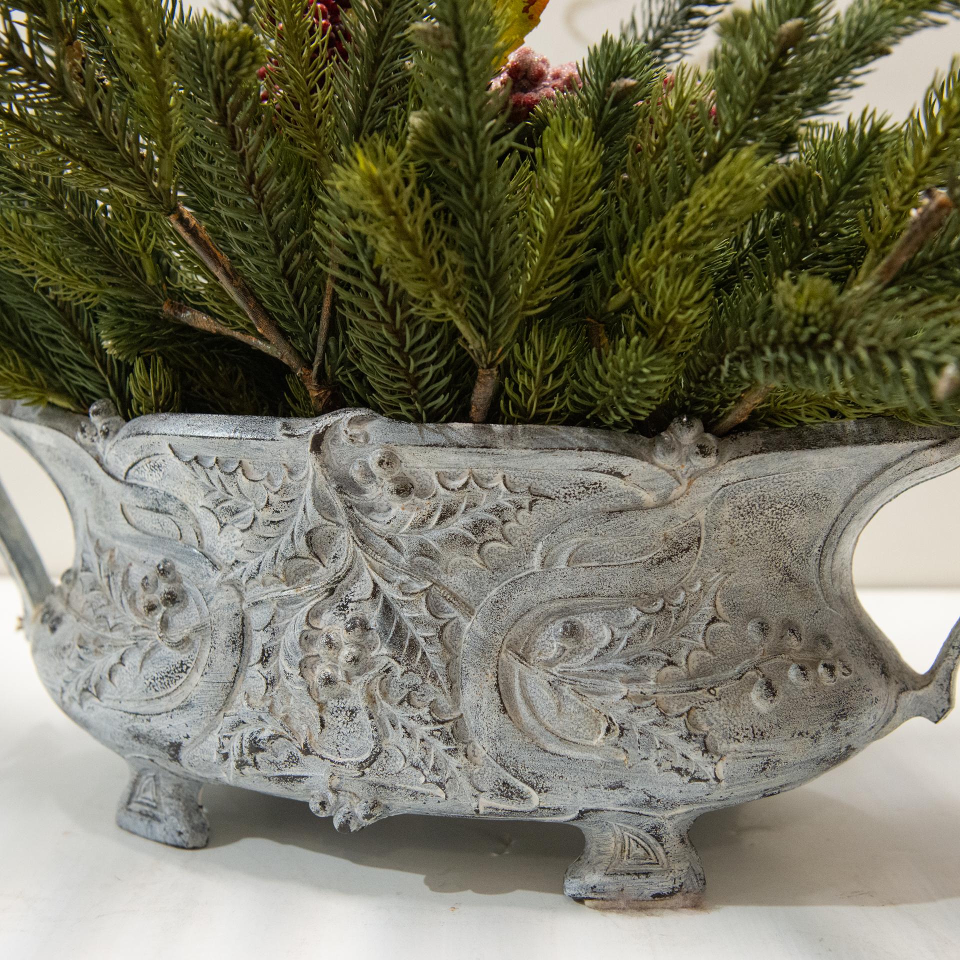 Cast Iron Vase with Handles, Butcher's Broom Decoration, now for Christmass For Sale 1